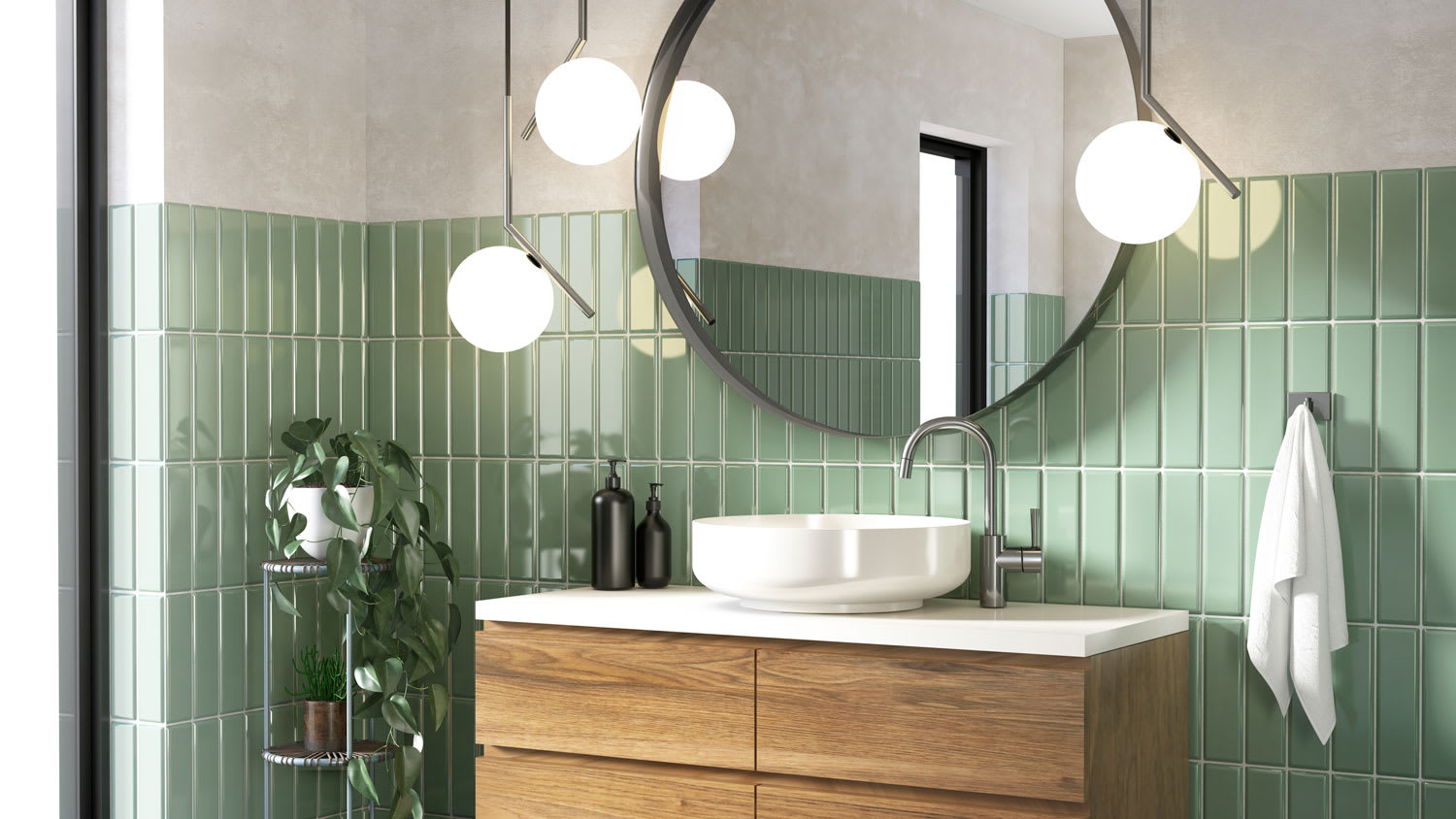 A contemporary bathroom with green subway tiles