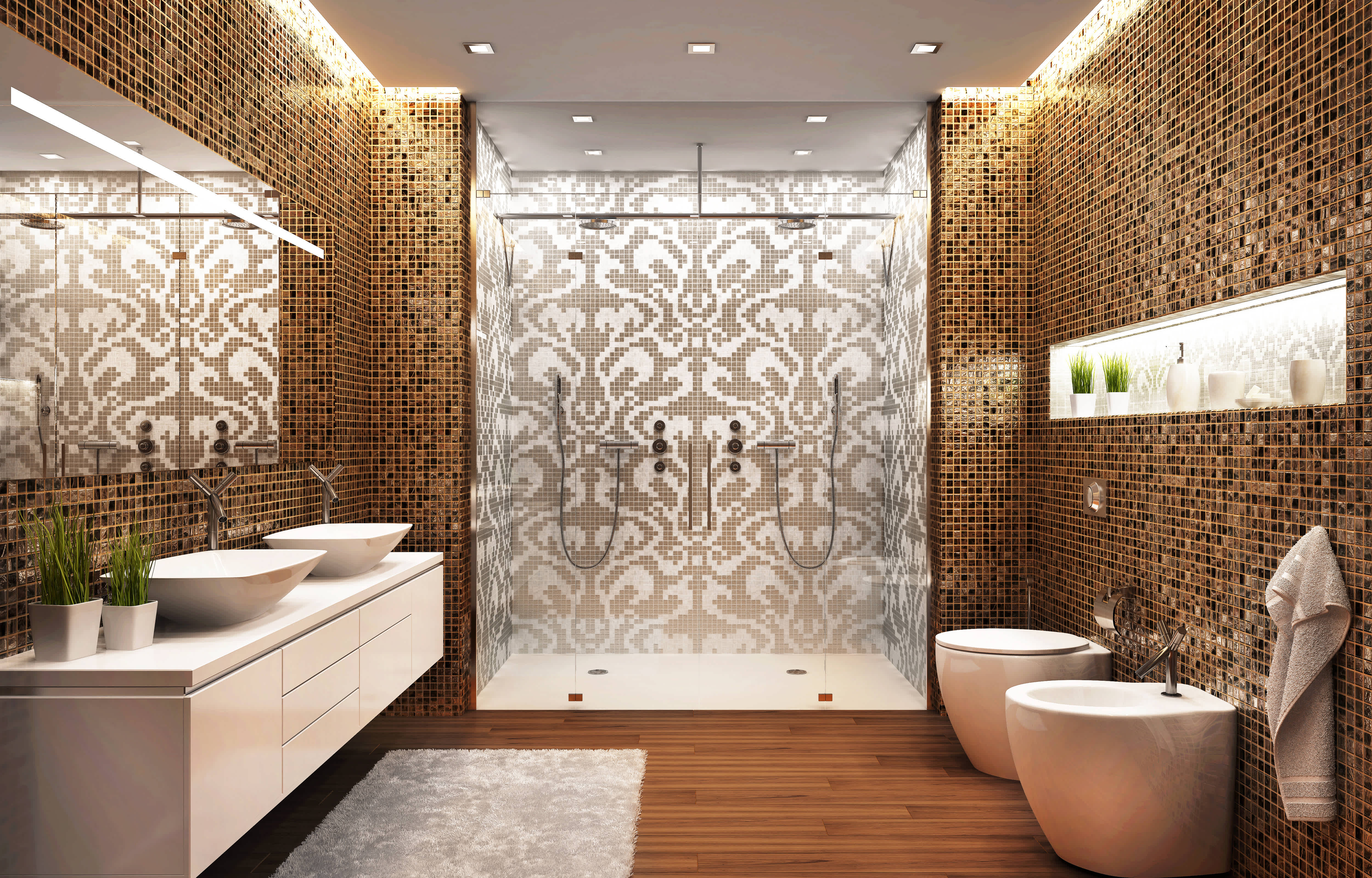 Mosaic tile pattern in large shower and bathroom