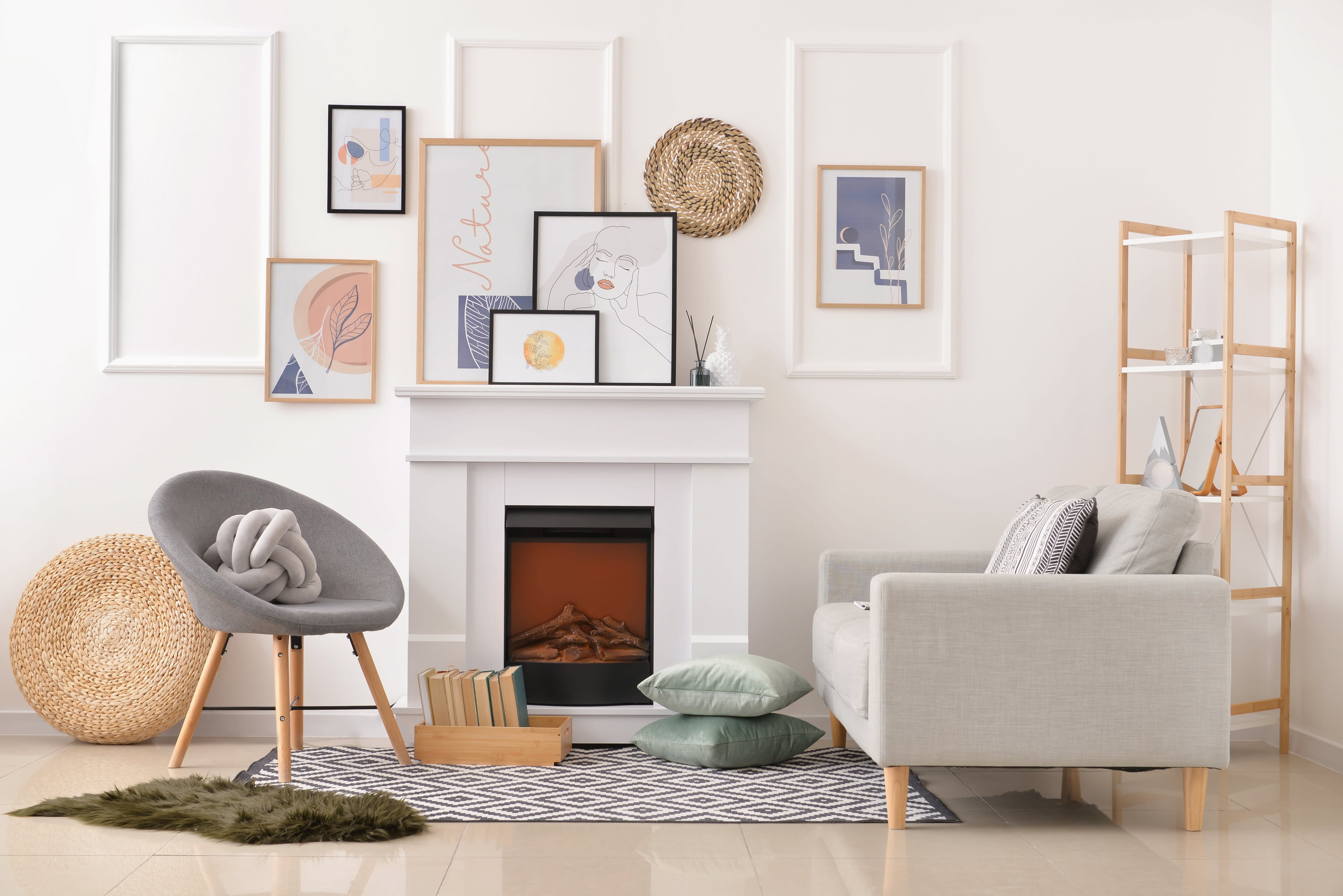 Overlapping artwork on top of fireplace
