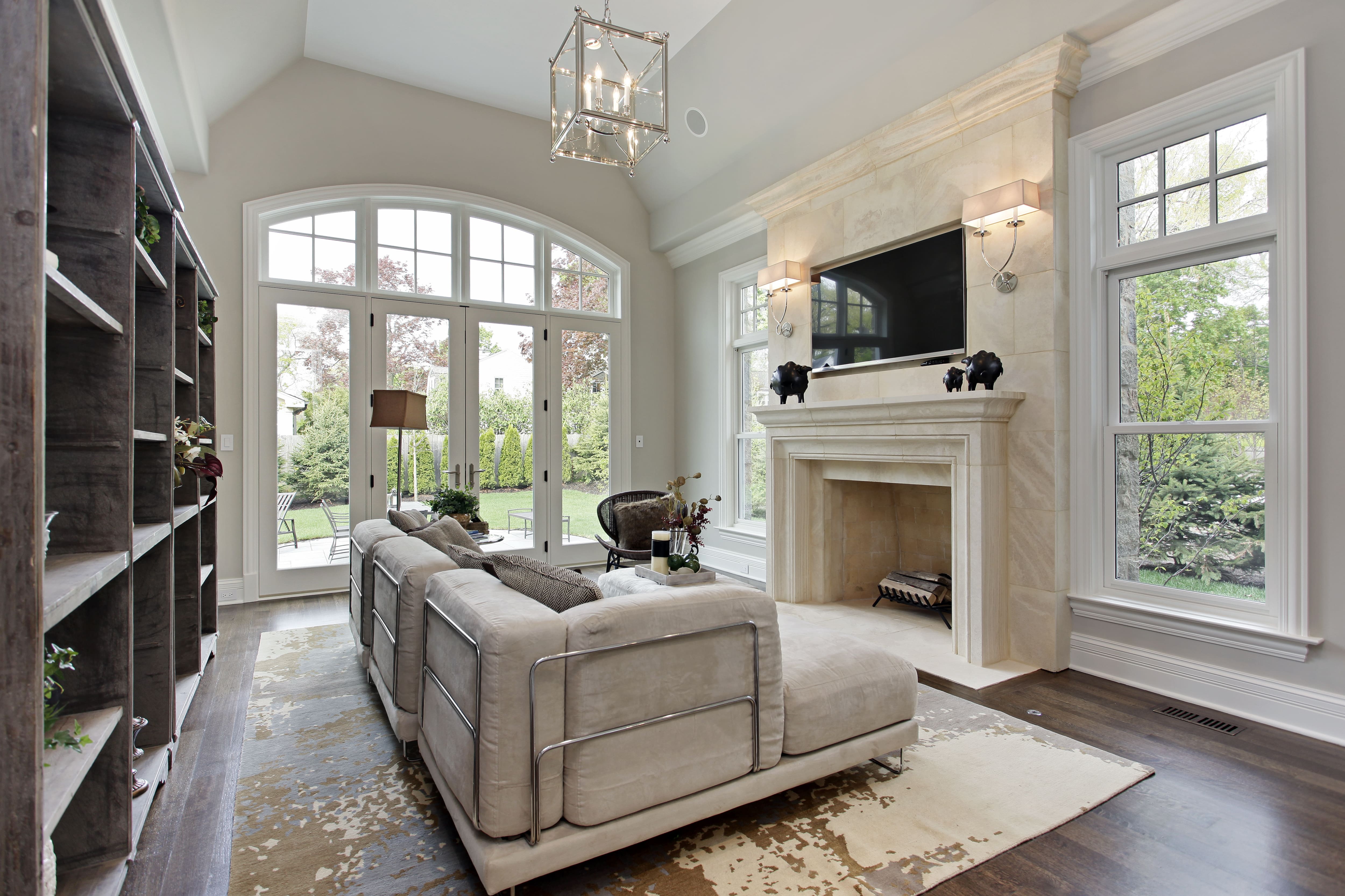 White marble fireplace in luxury living room