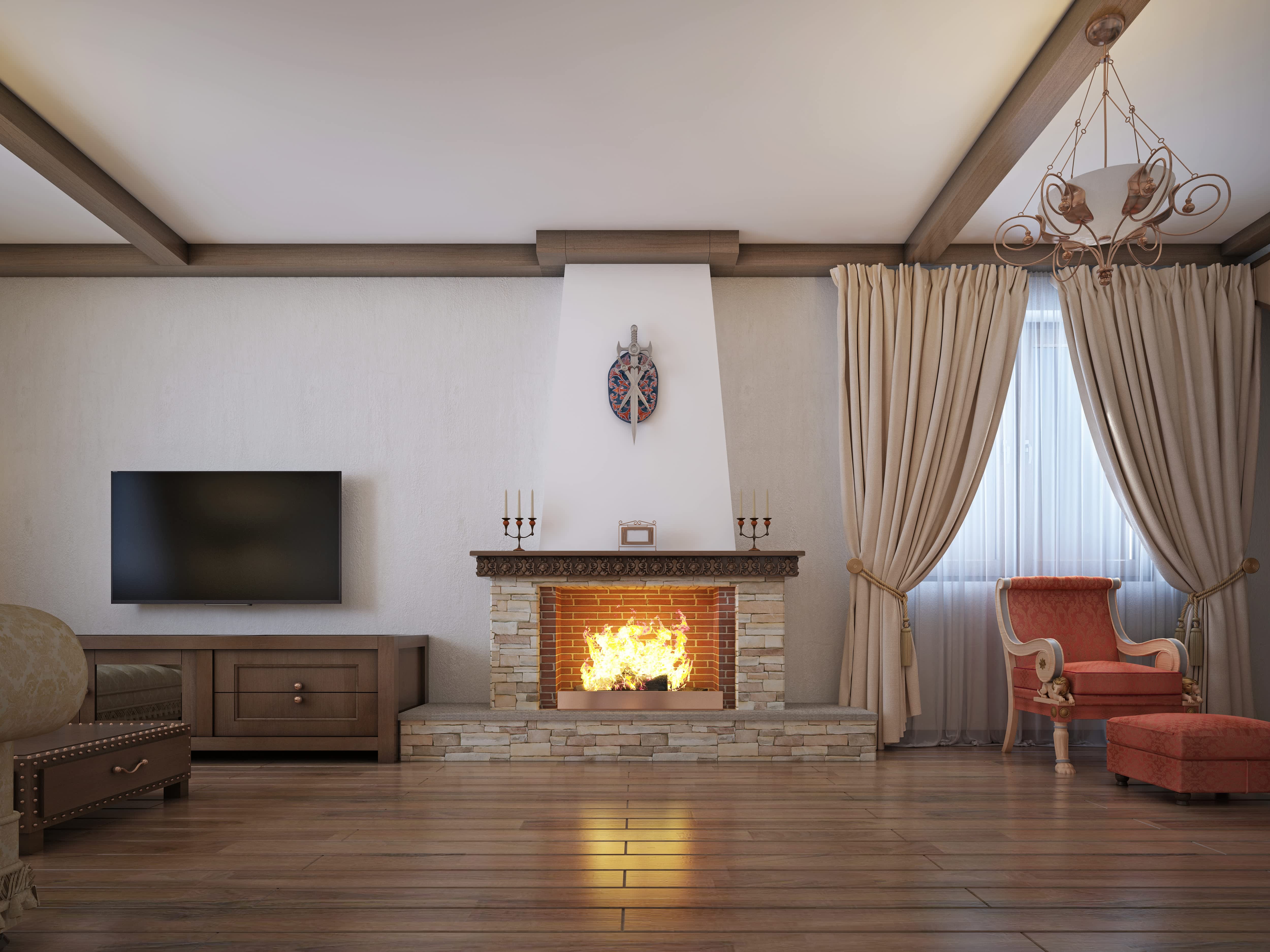Ornately carved wooden fireplace