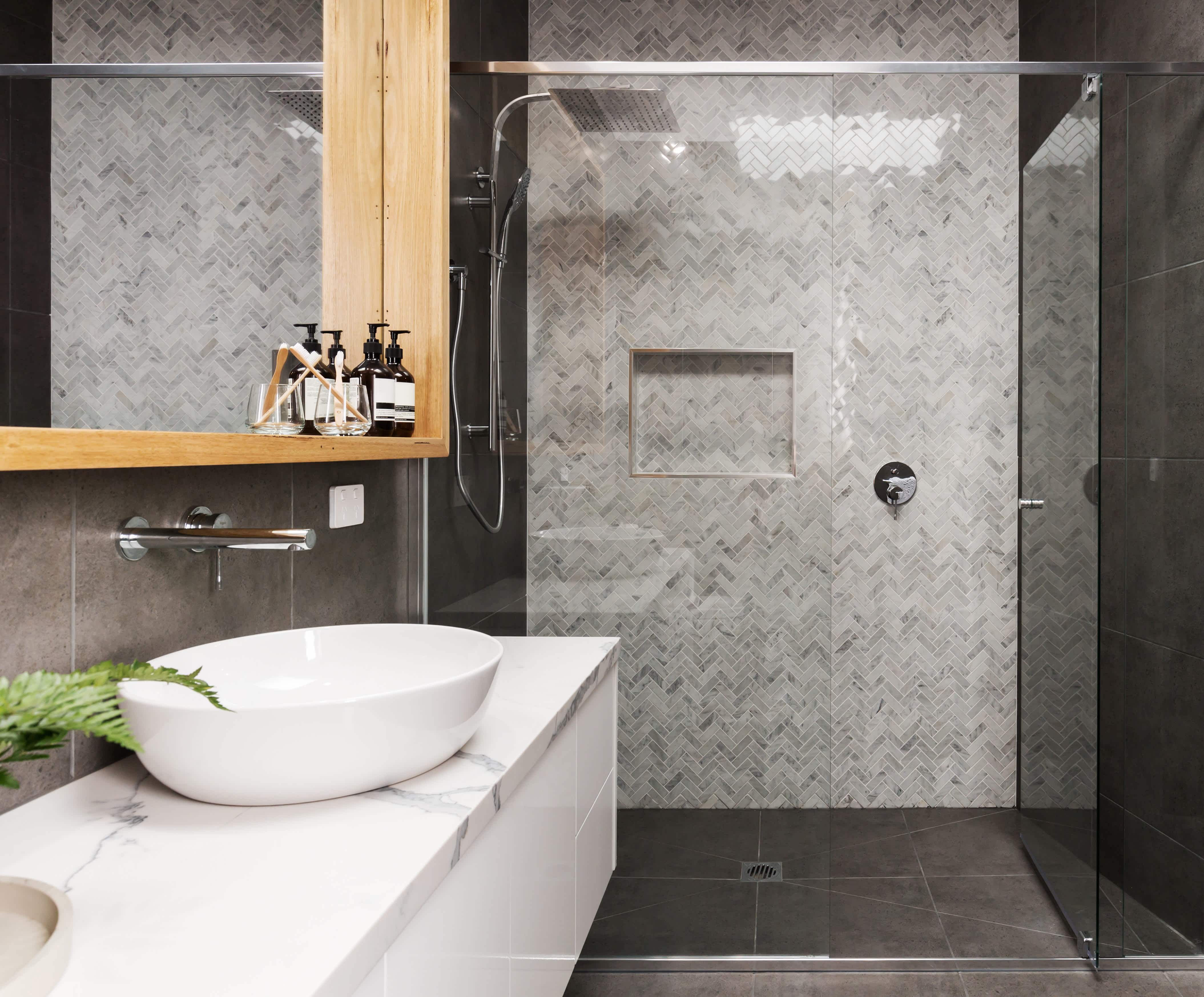 Marble mosaic tile in shower