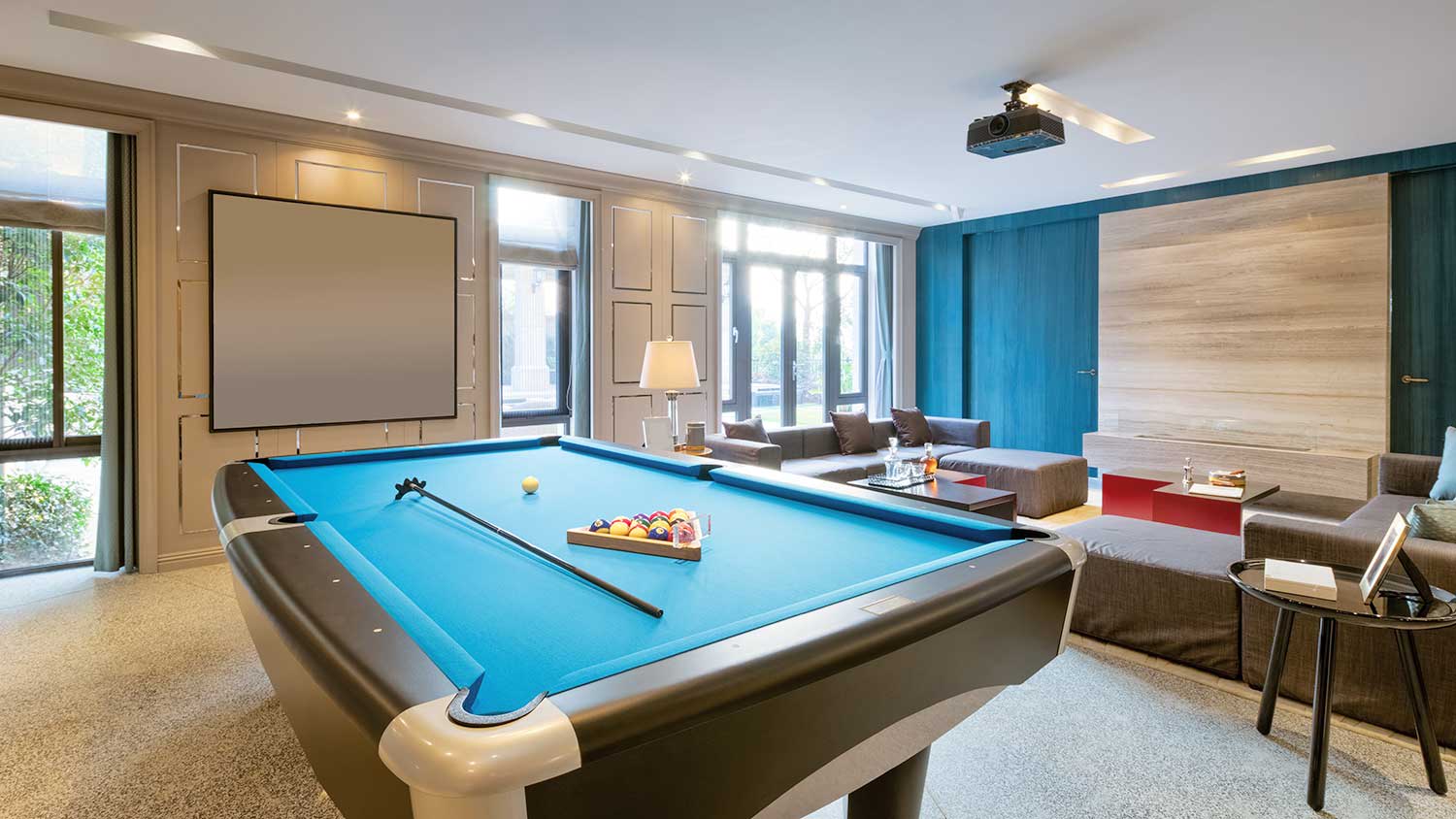 Spacious game room with pool table