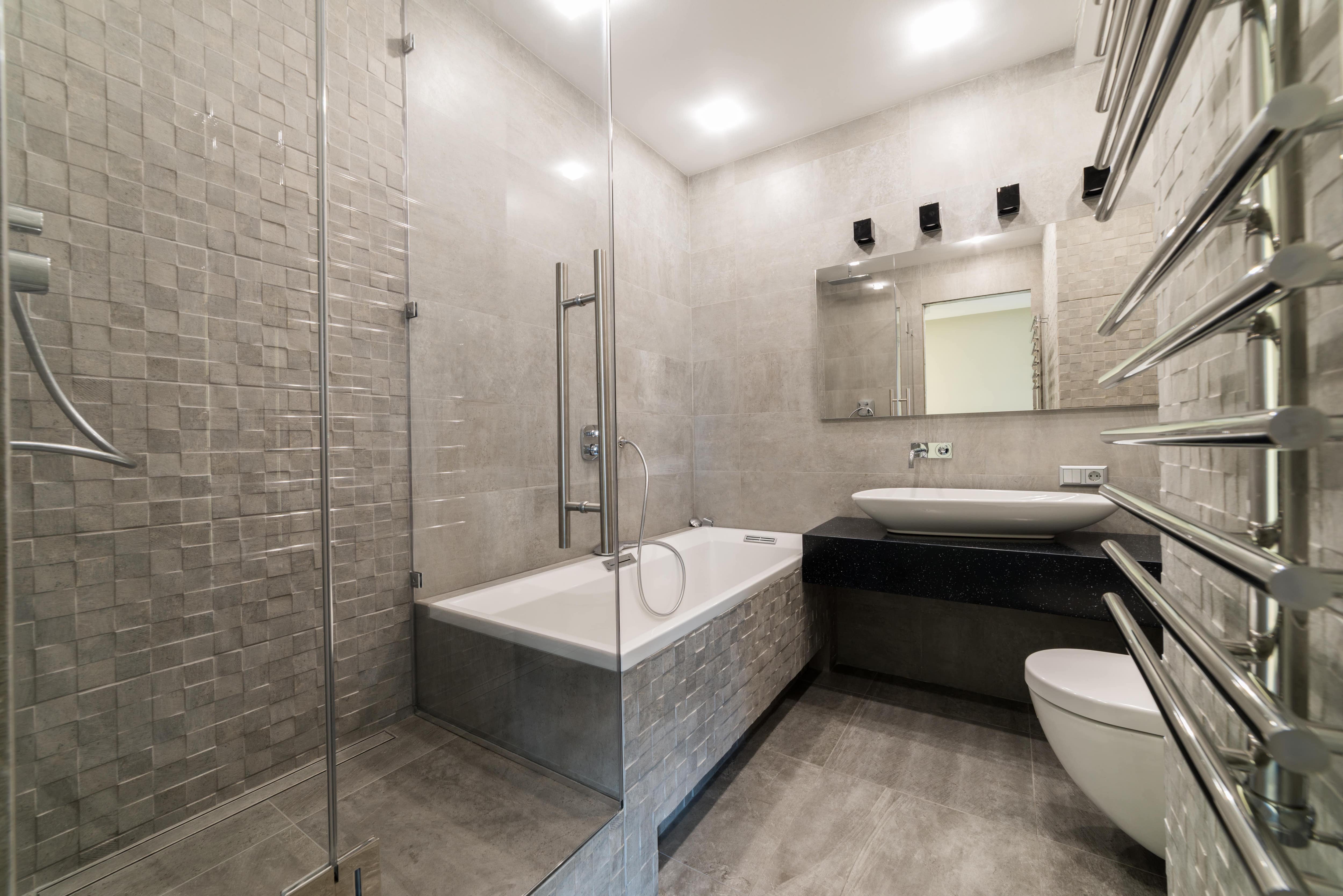 Faux stone tile in bathroom