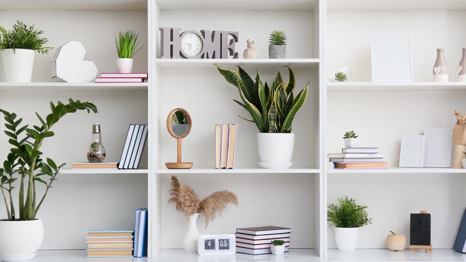 a shelf unit with books