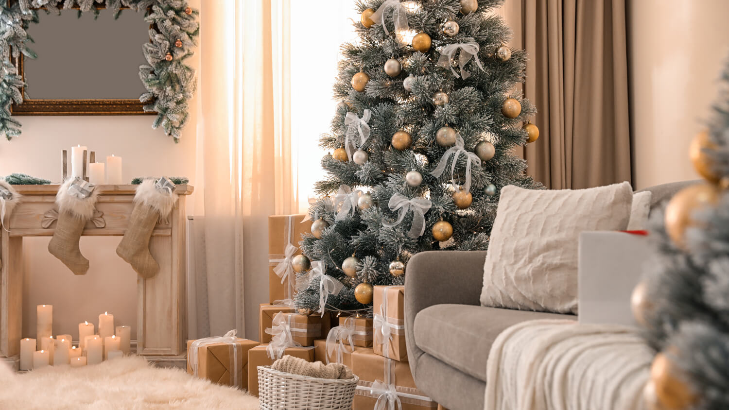 Beautiful Christmas tree in decorated living room. Festive interior