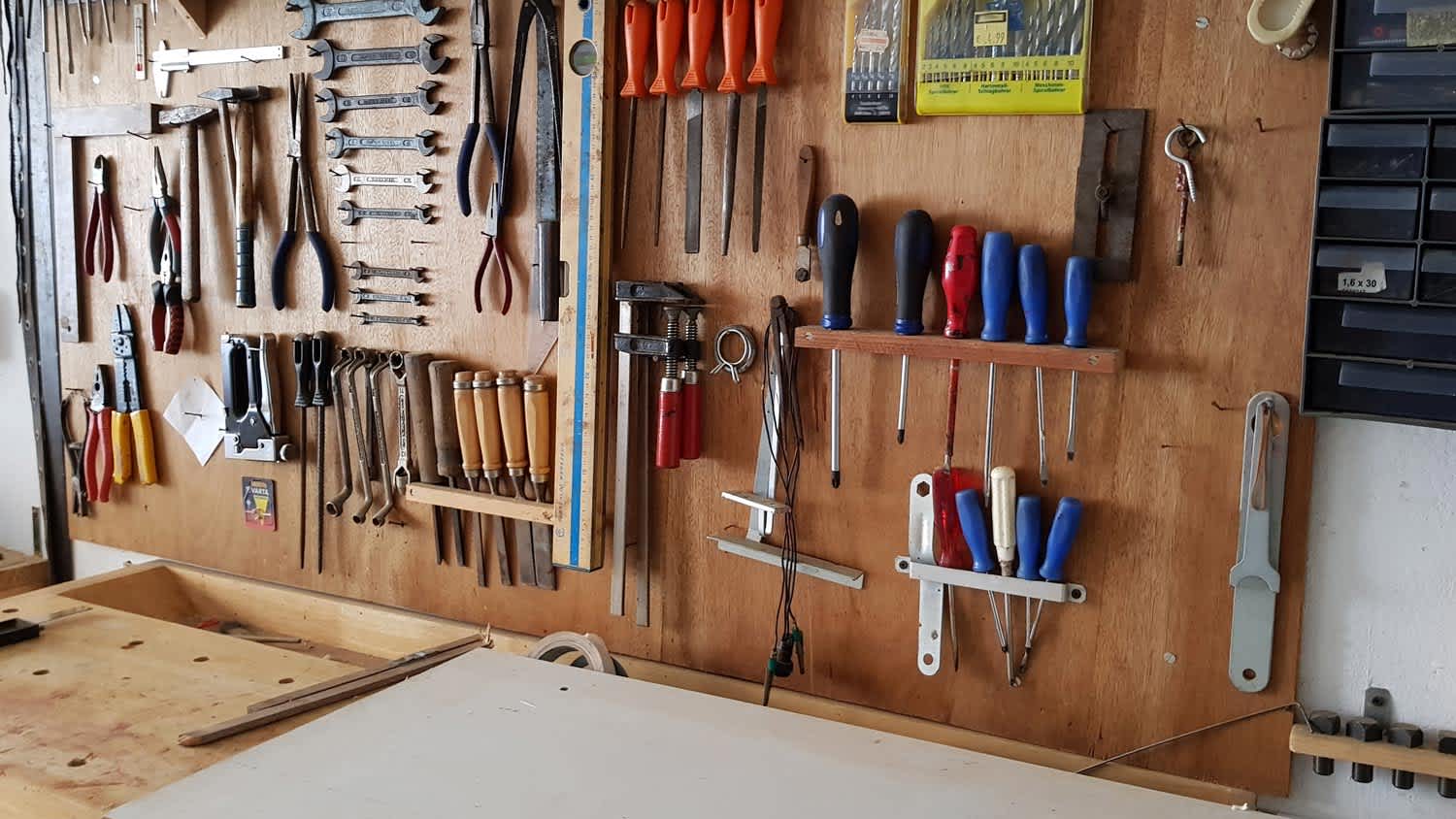 A tidy workstation in a garage