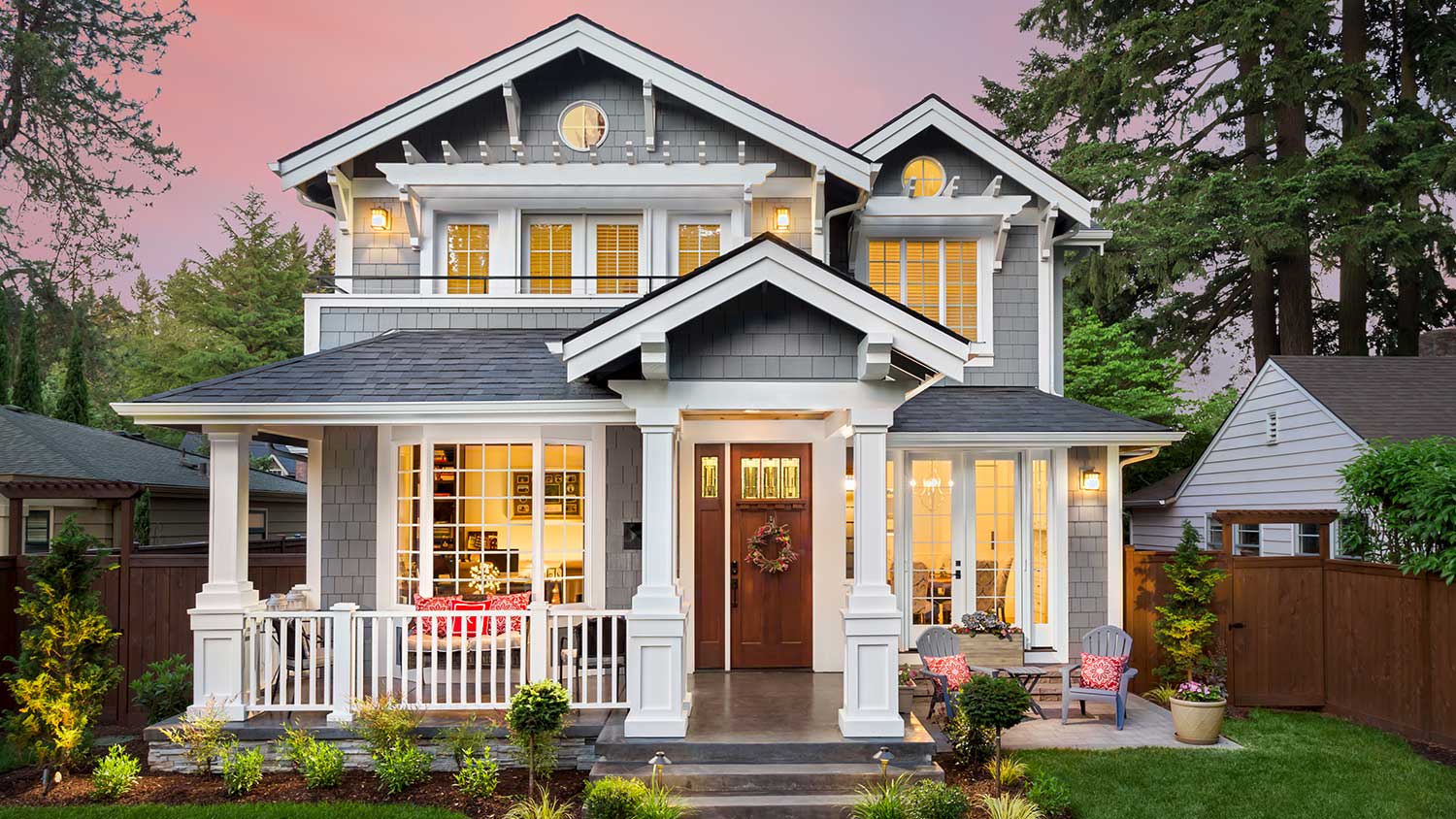 Remodeled home exterior at sunset