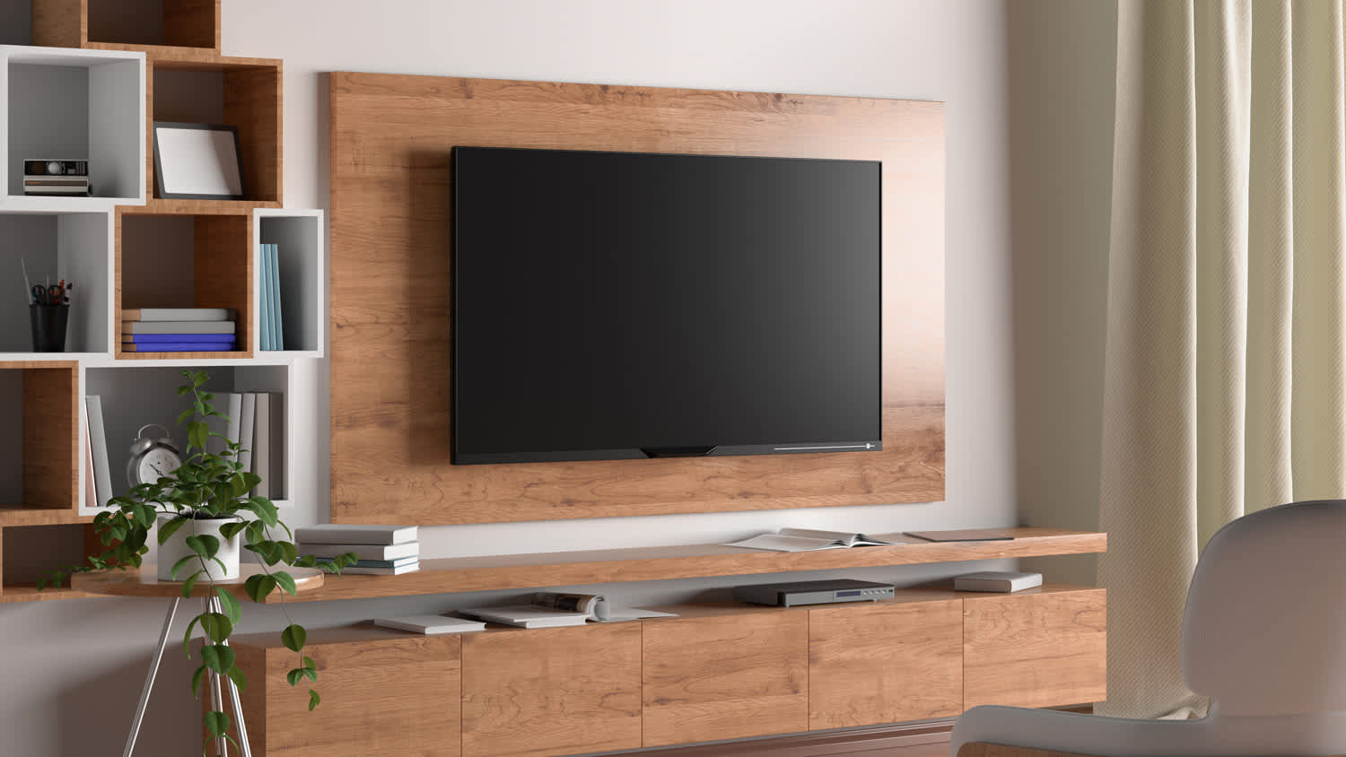 TV mounted on a wooden plate above a cabinet