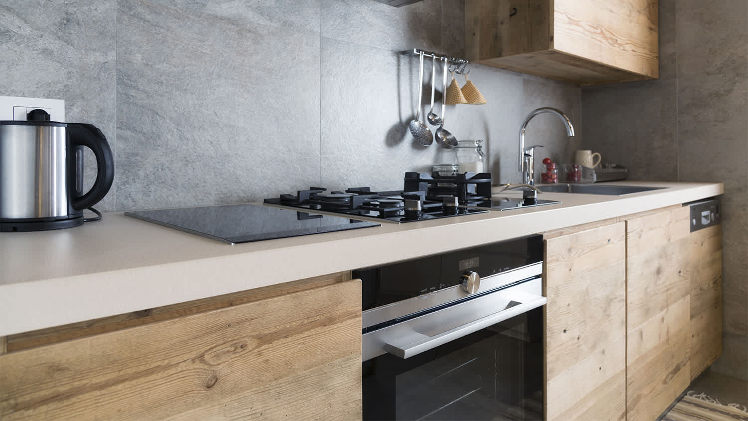modern wood kitchen with beige countertop