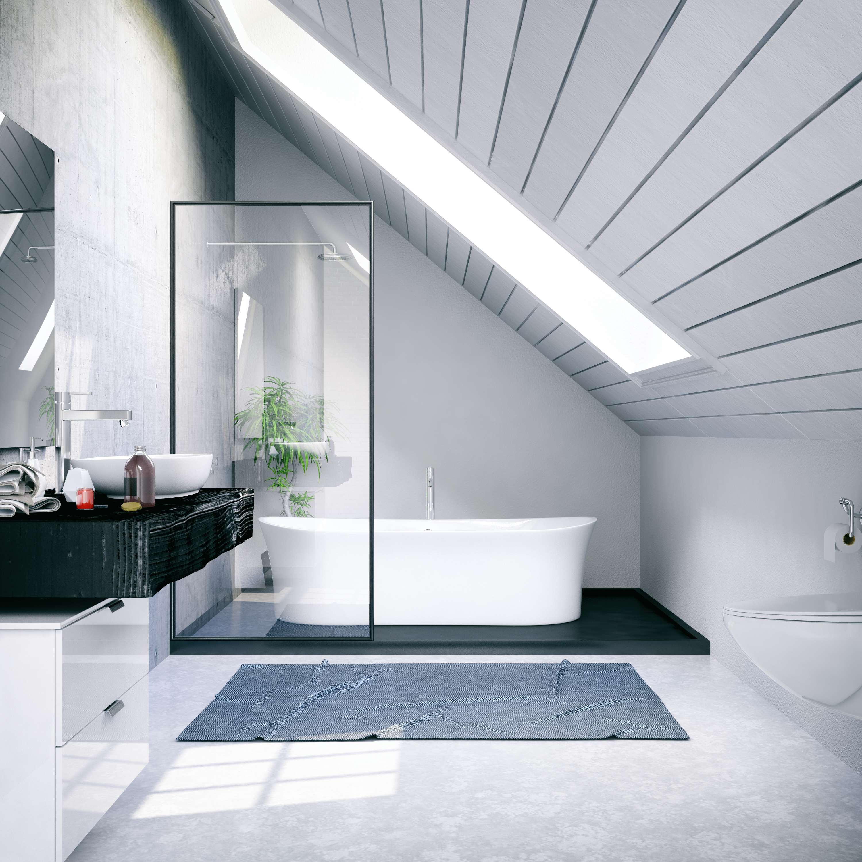 Modern gray loft bathroom with slanted shiplap ceiling and tub with single glass shower panel