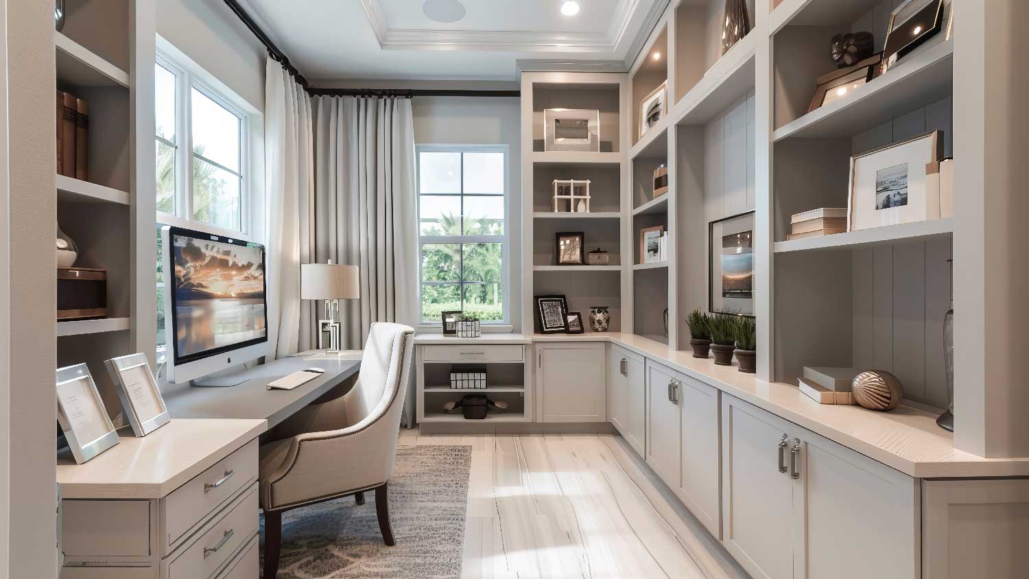 A home office with built-in cabinets and bookshelves