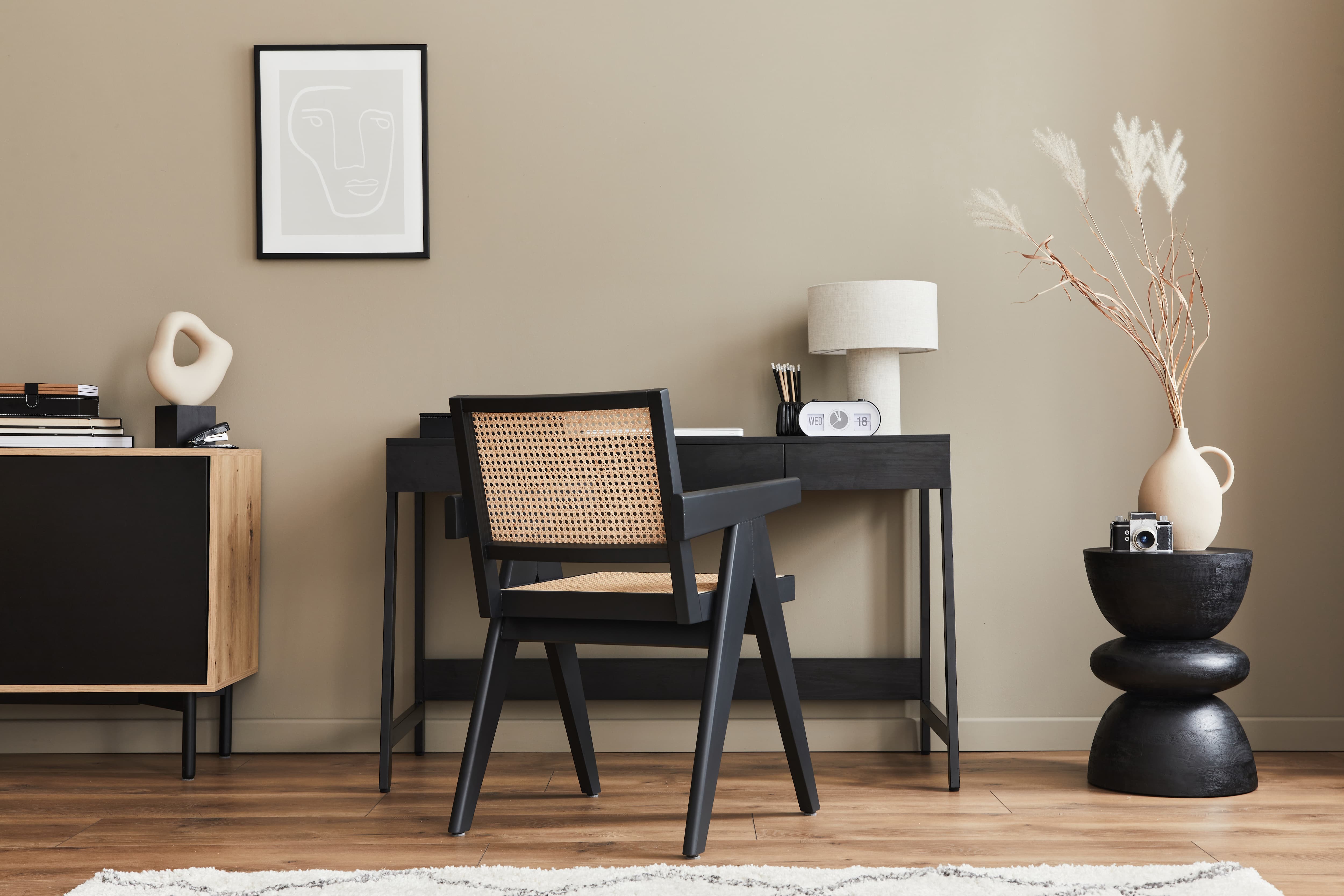 Neutral modern home office with black wooden furniture, wood floor, white rug and white decor elements