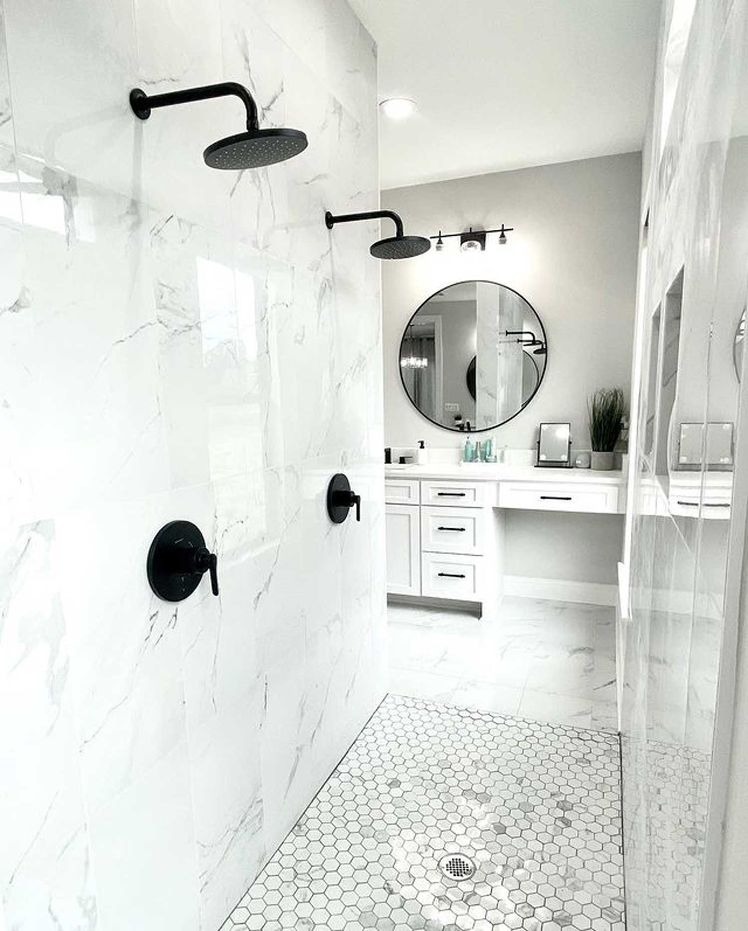 Large walk-in marbled shower