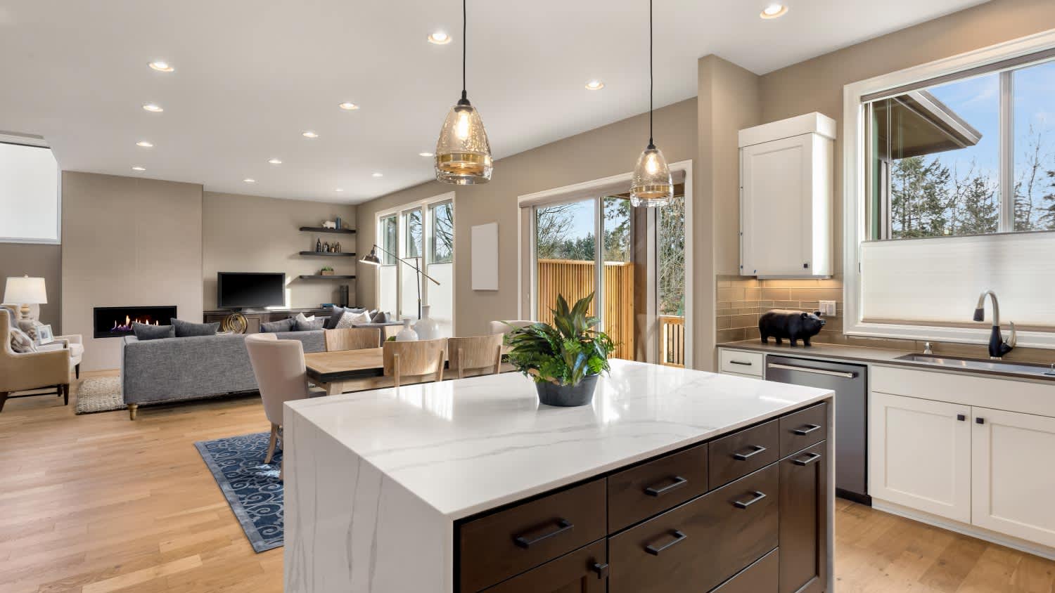 A kitchen and living room interior
