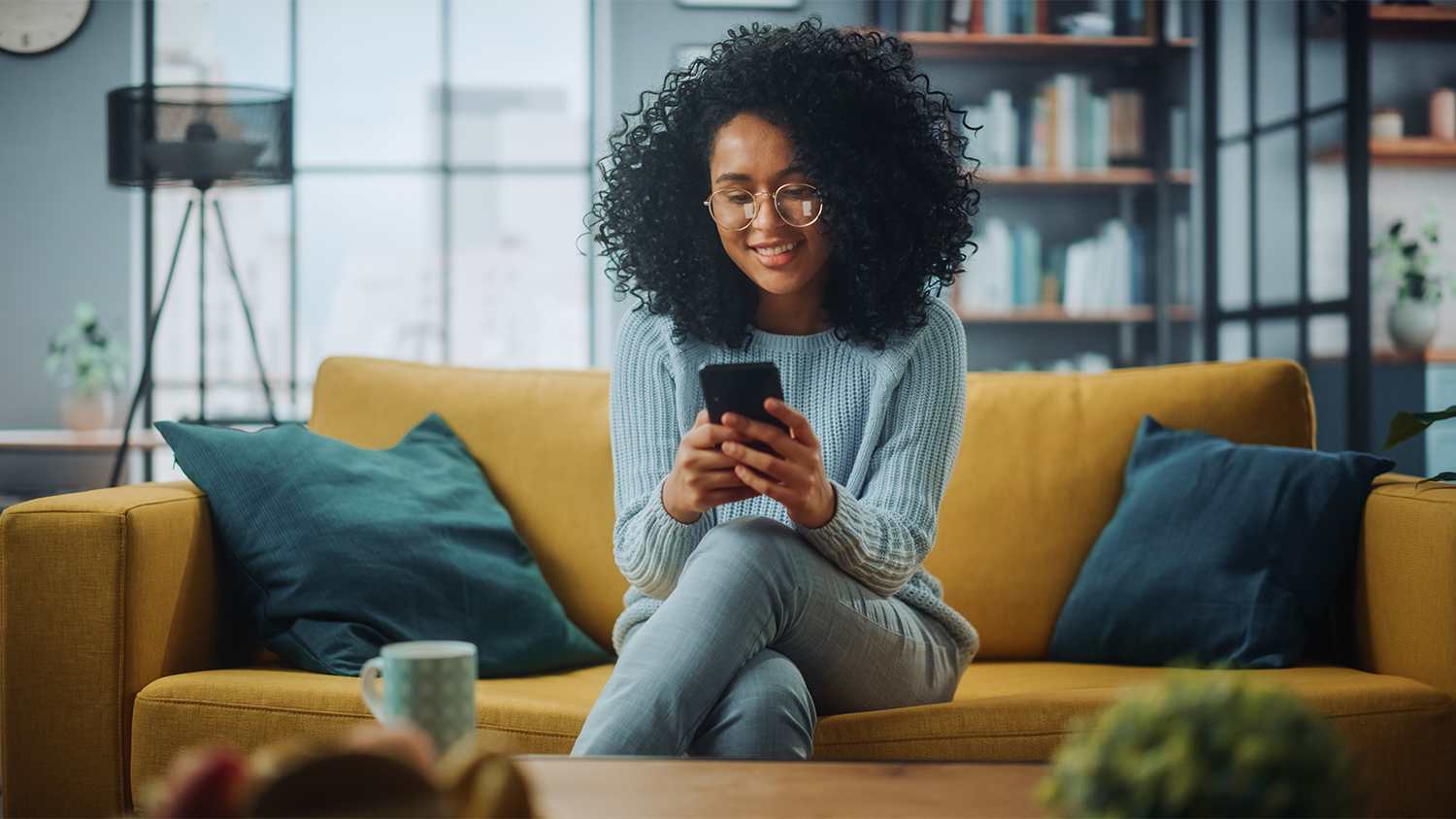 woman in colorful living room