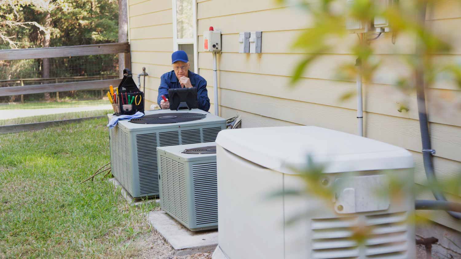 Electrician checking AC unit
