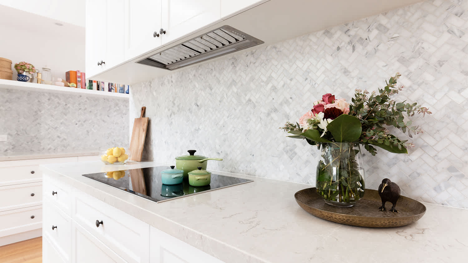 limestone kitchen counter with flowers