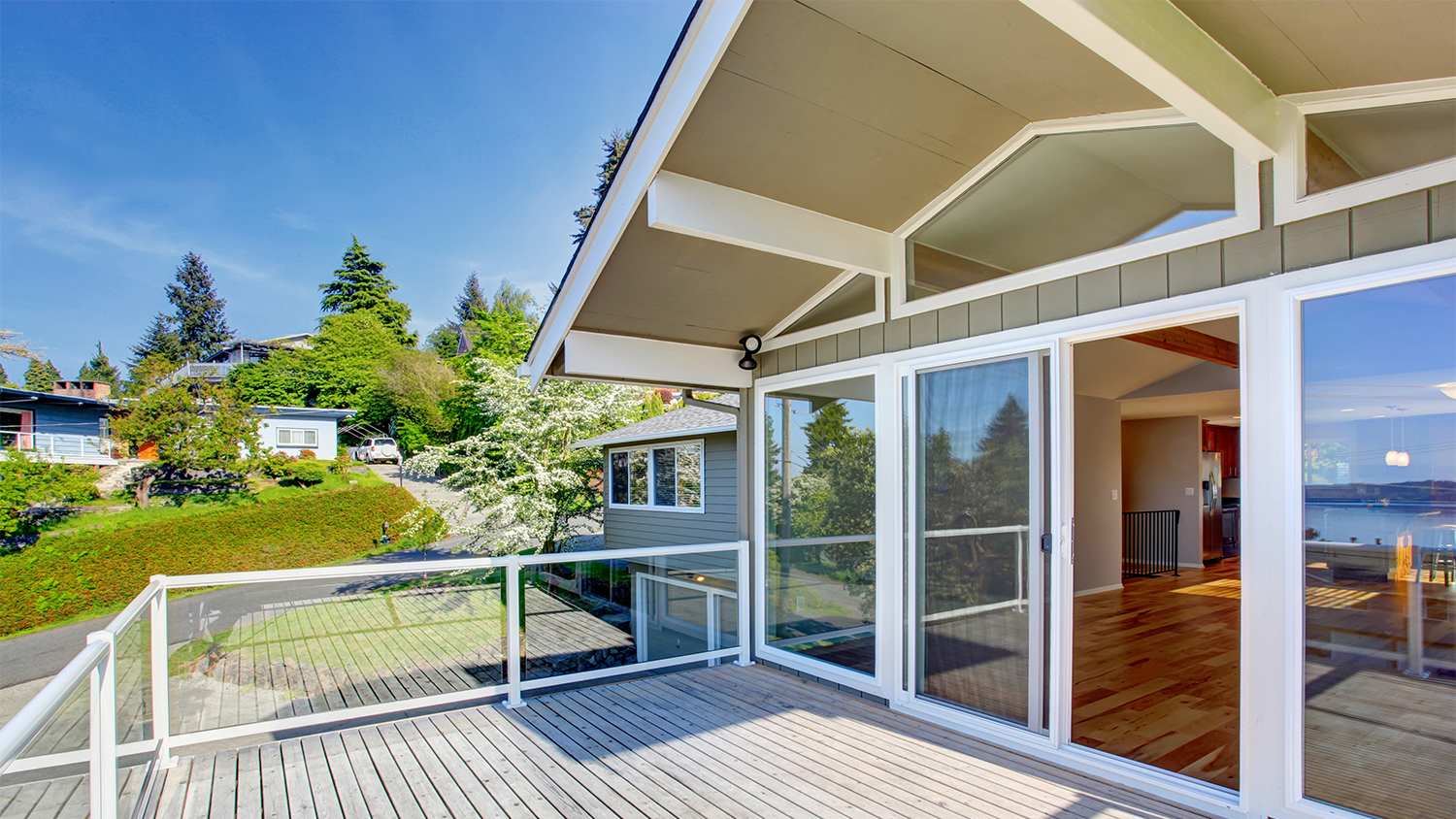 balcony with glass railings with a view