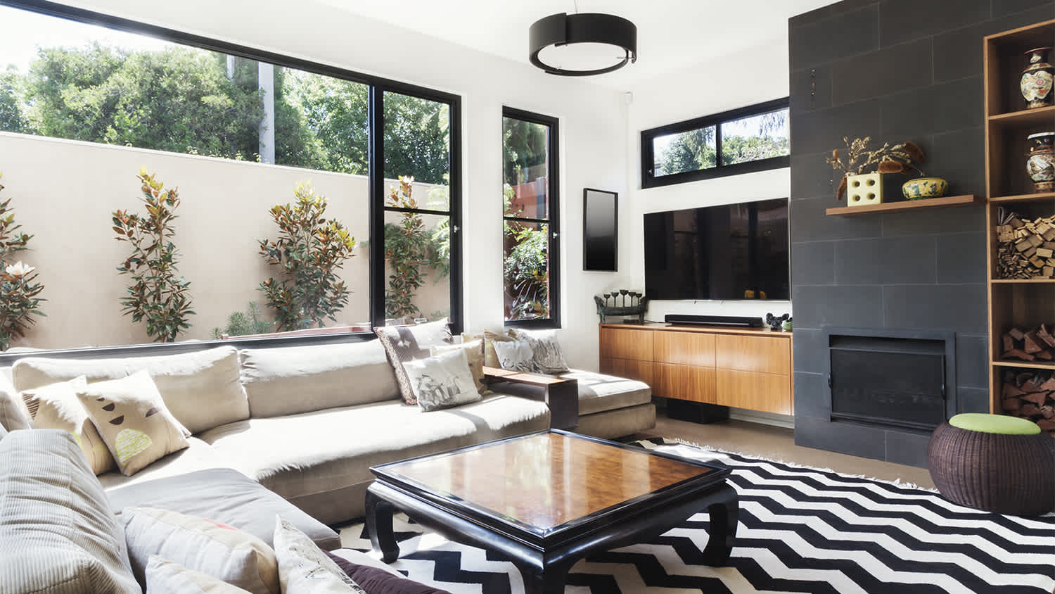 black and white monochrome living room