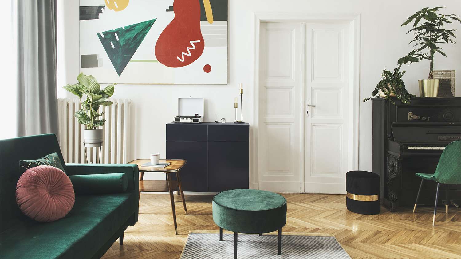 trendy home with green velvet furniture