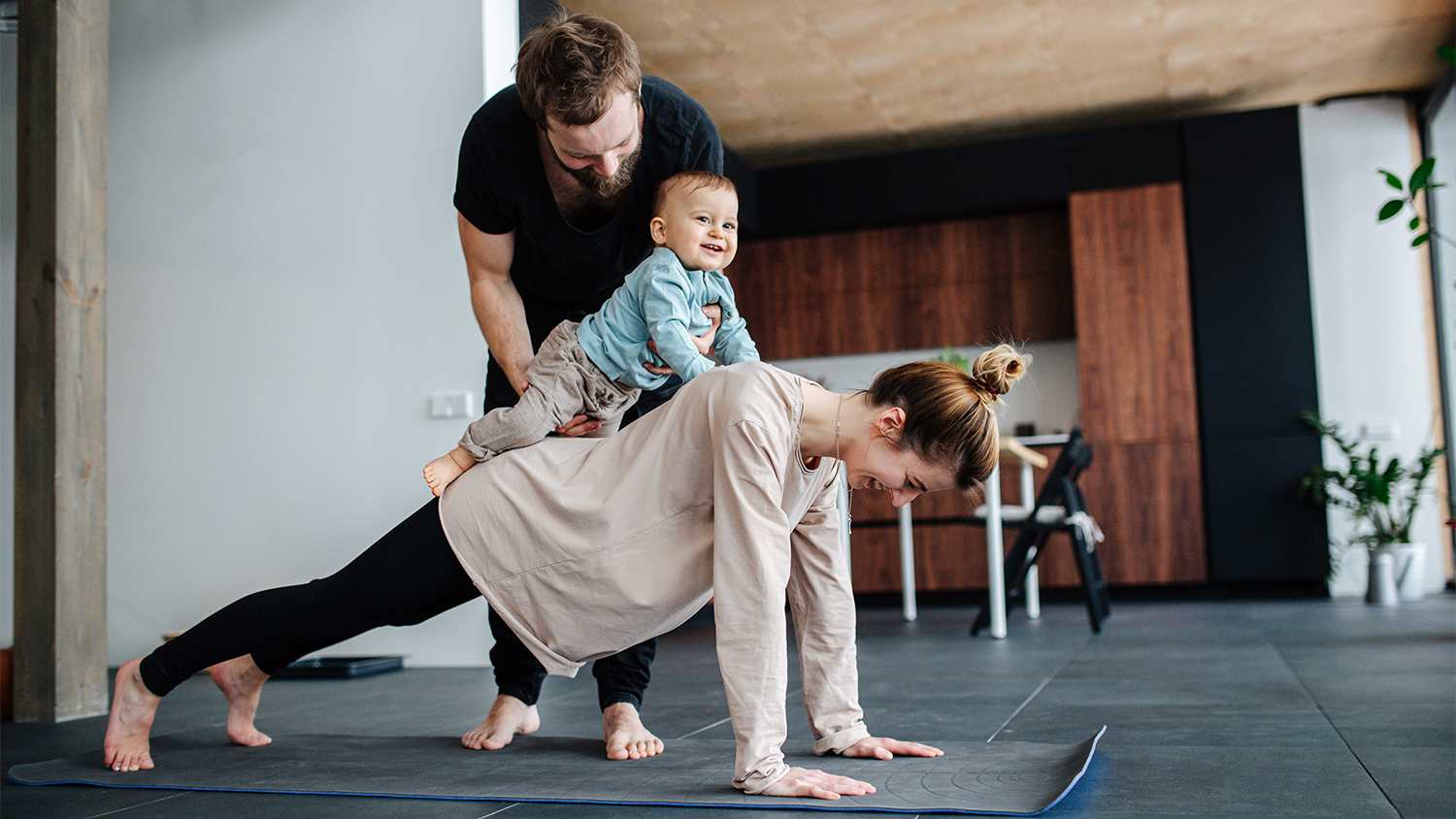 family doing morning yoga