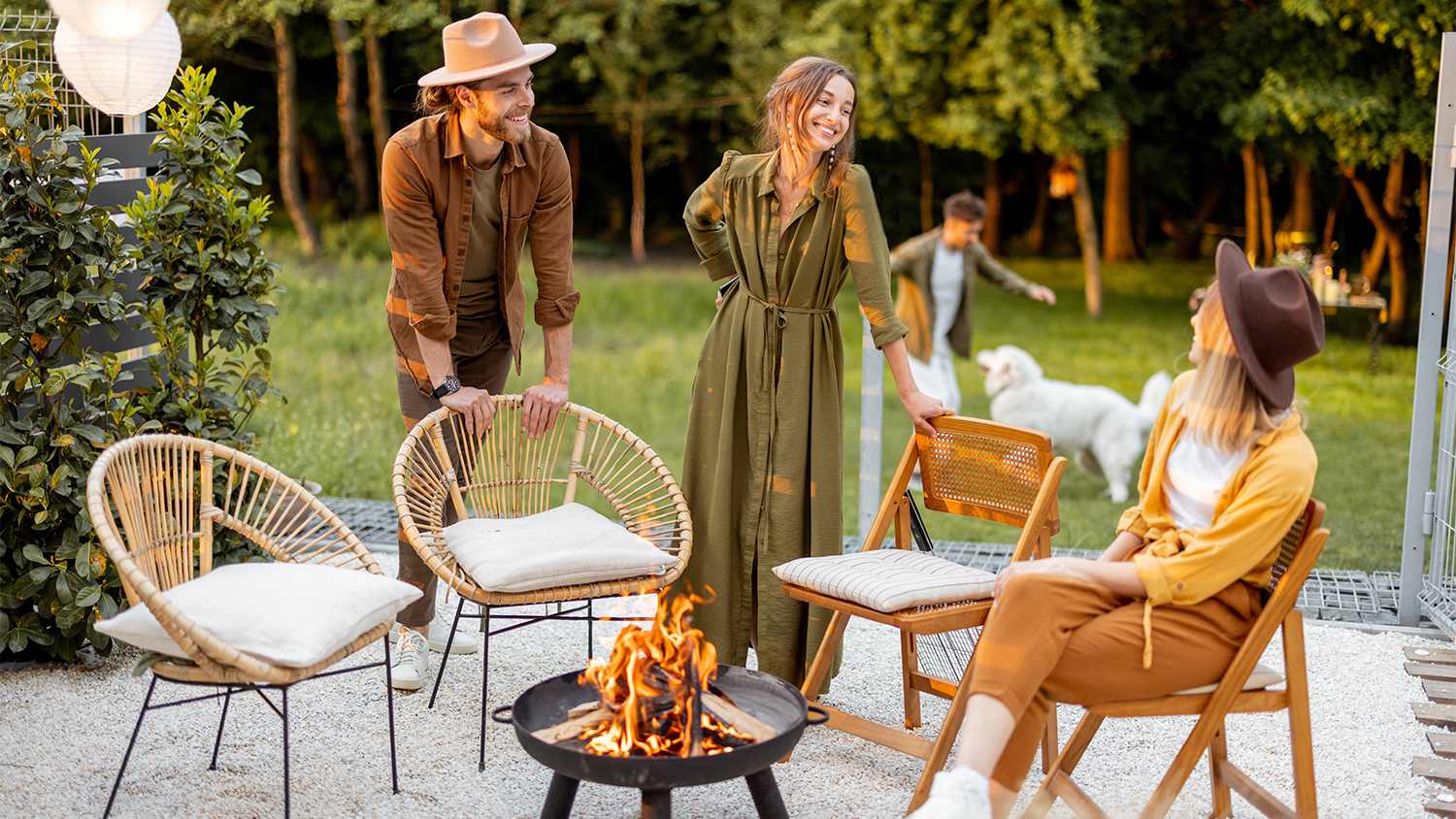 friends hanging out in patio by the fire