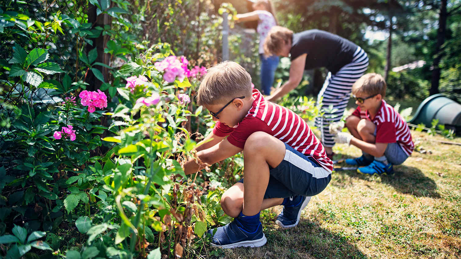 kids helping to remove weeds from garden