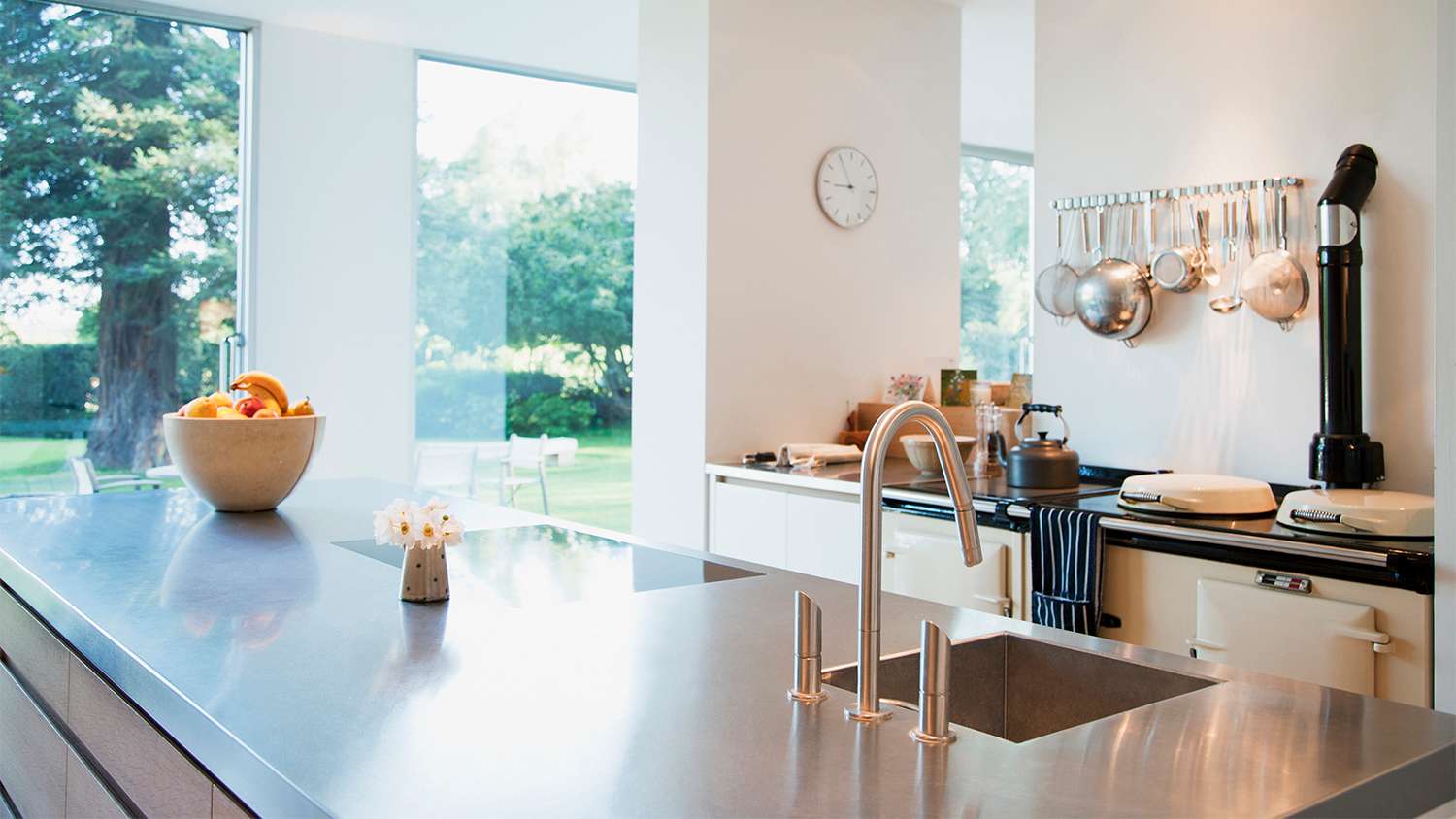 modern kitchen with stainless steel island