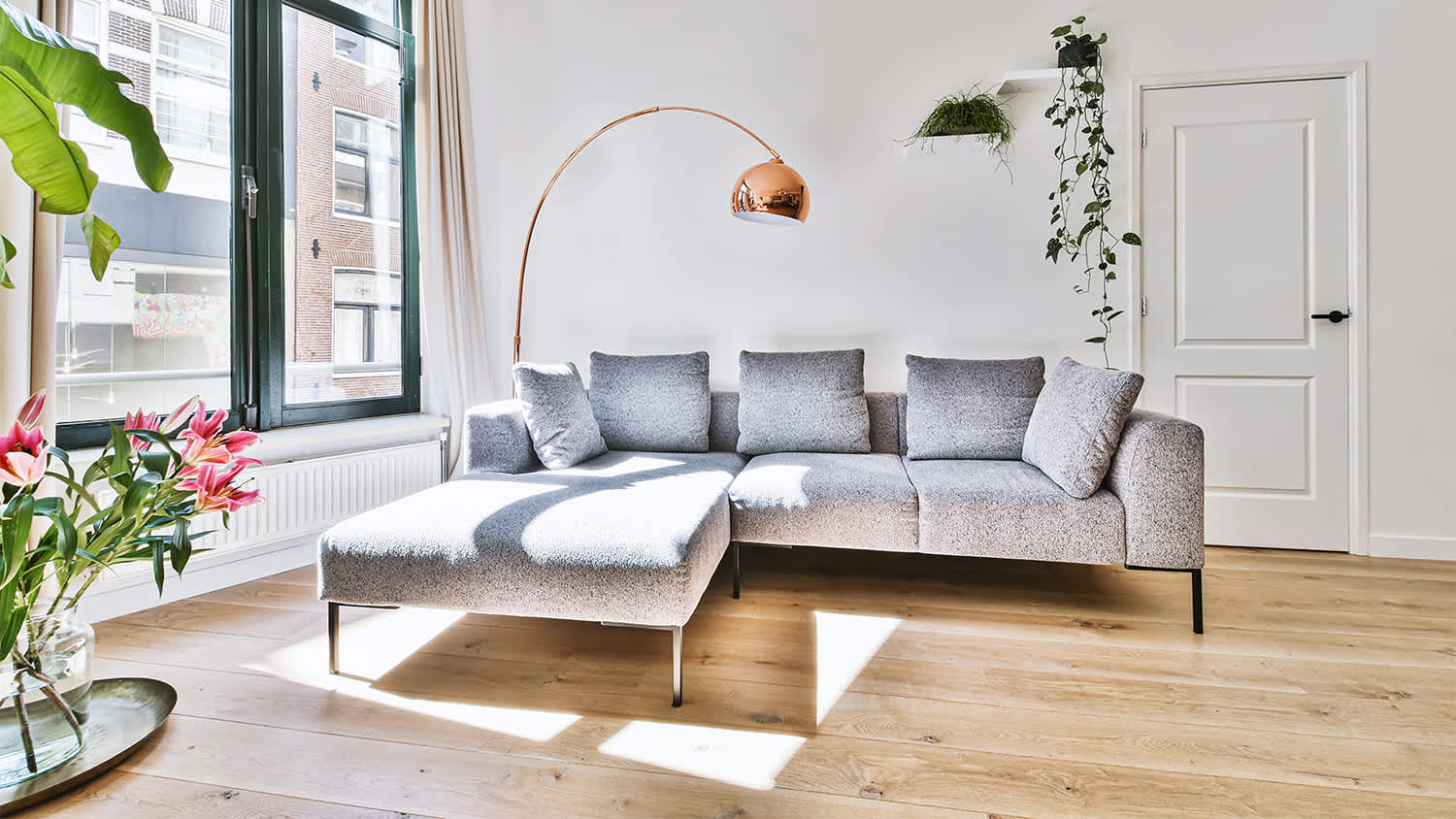 white and gray spacious living room