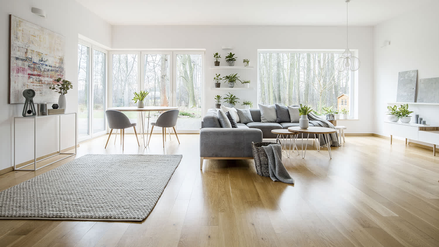 white and grey roomy living room