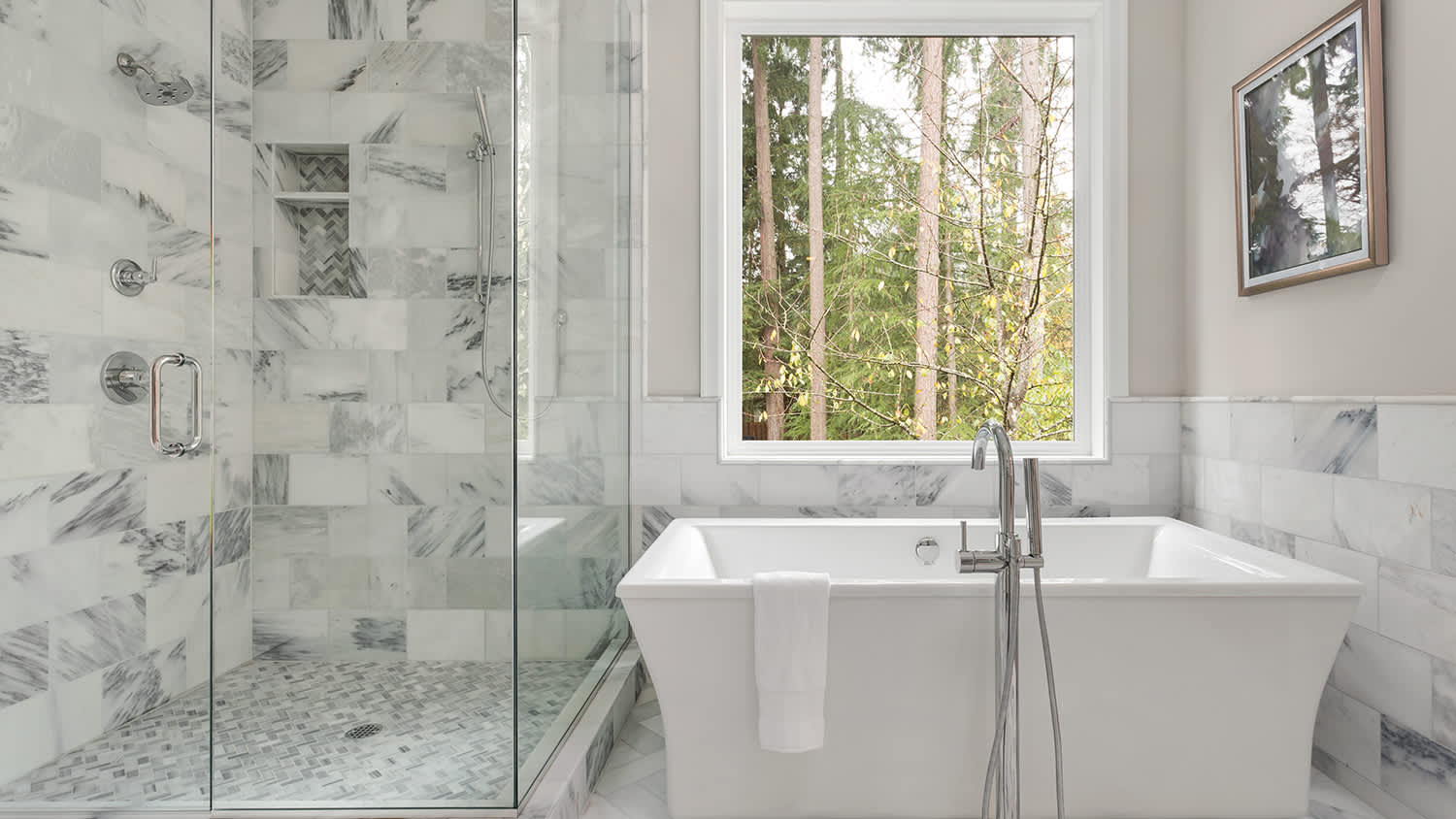 marble stone bathroom with modern shower