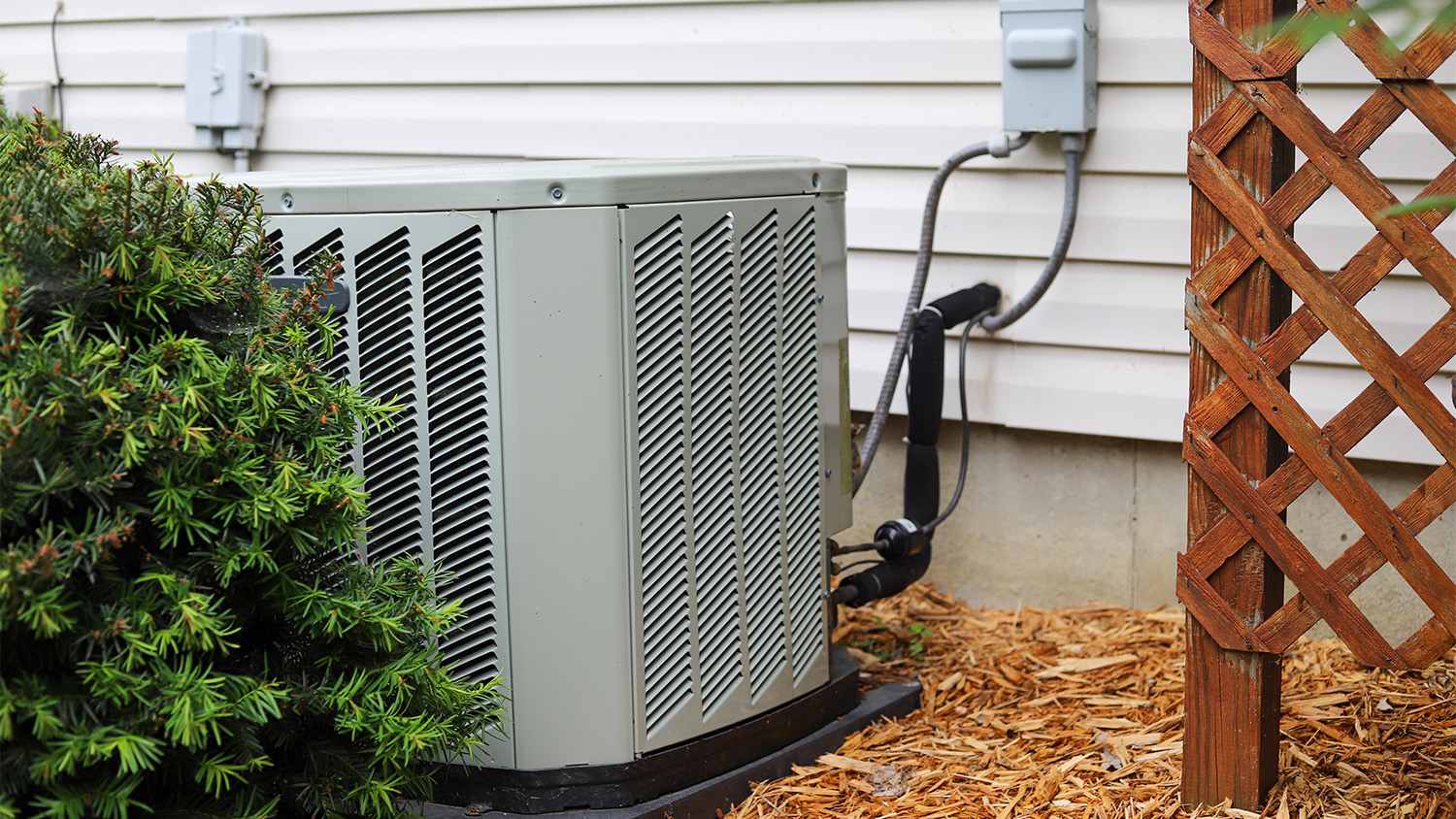 outdoor air conditioner near plants