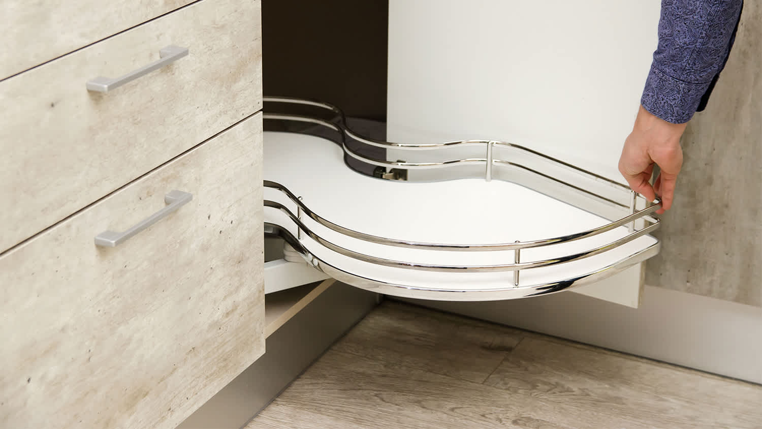 white pull out shelf in kitchen drawer