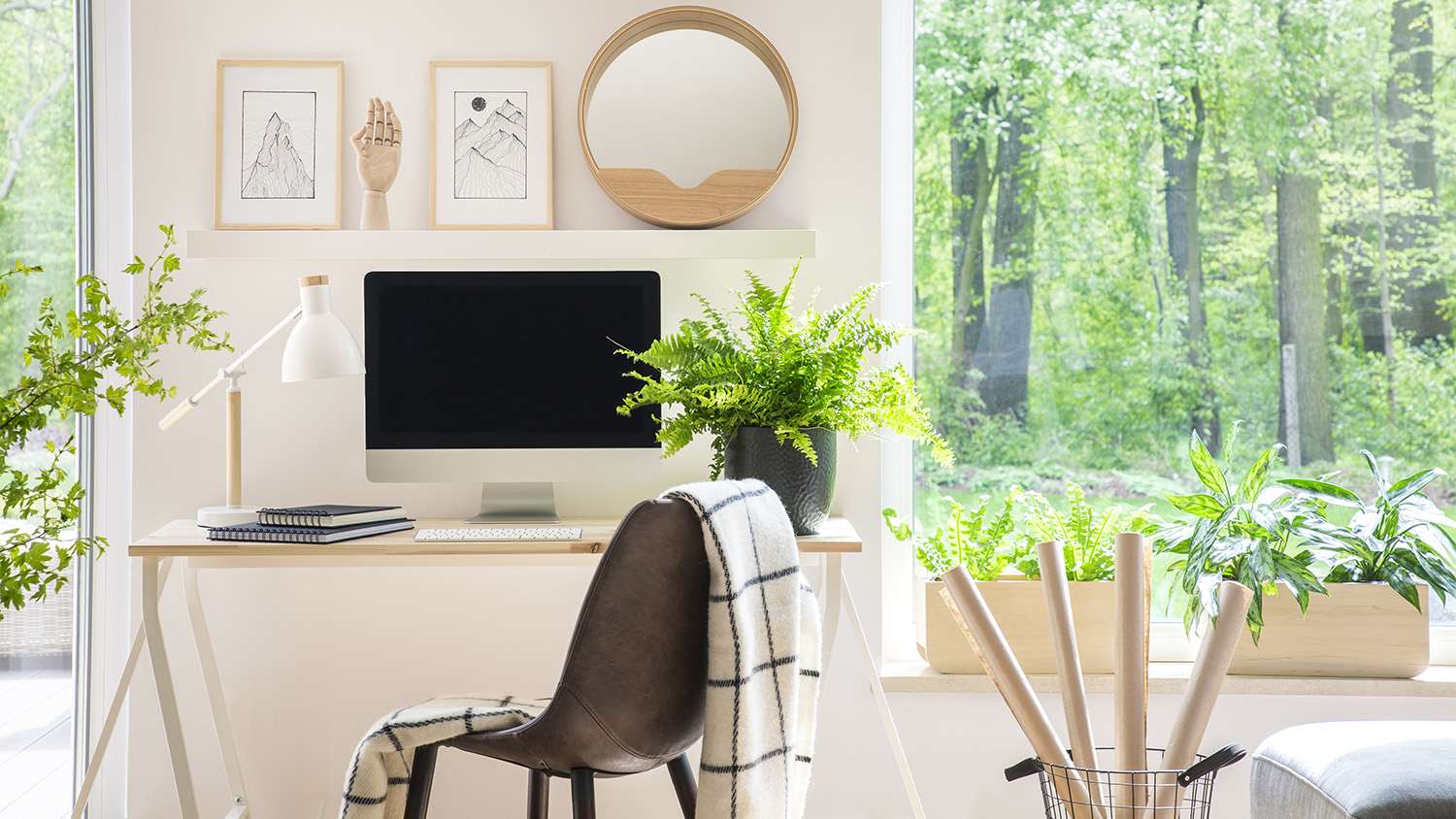 white home office with window view