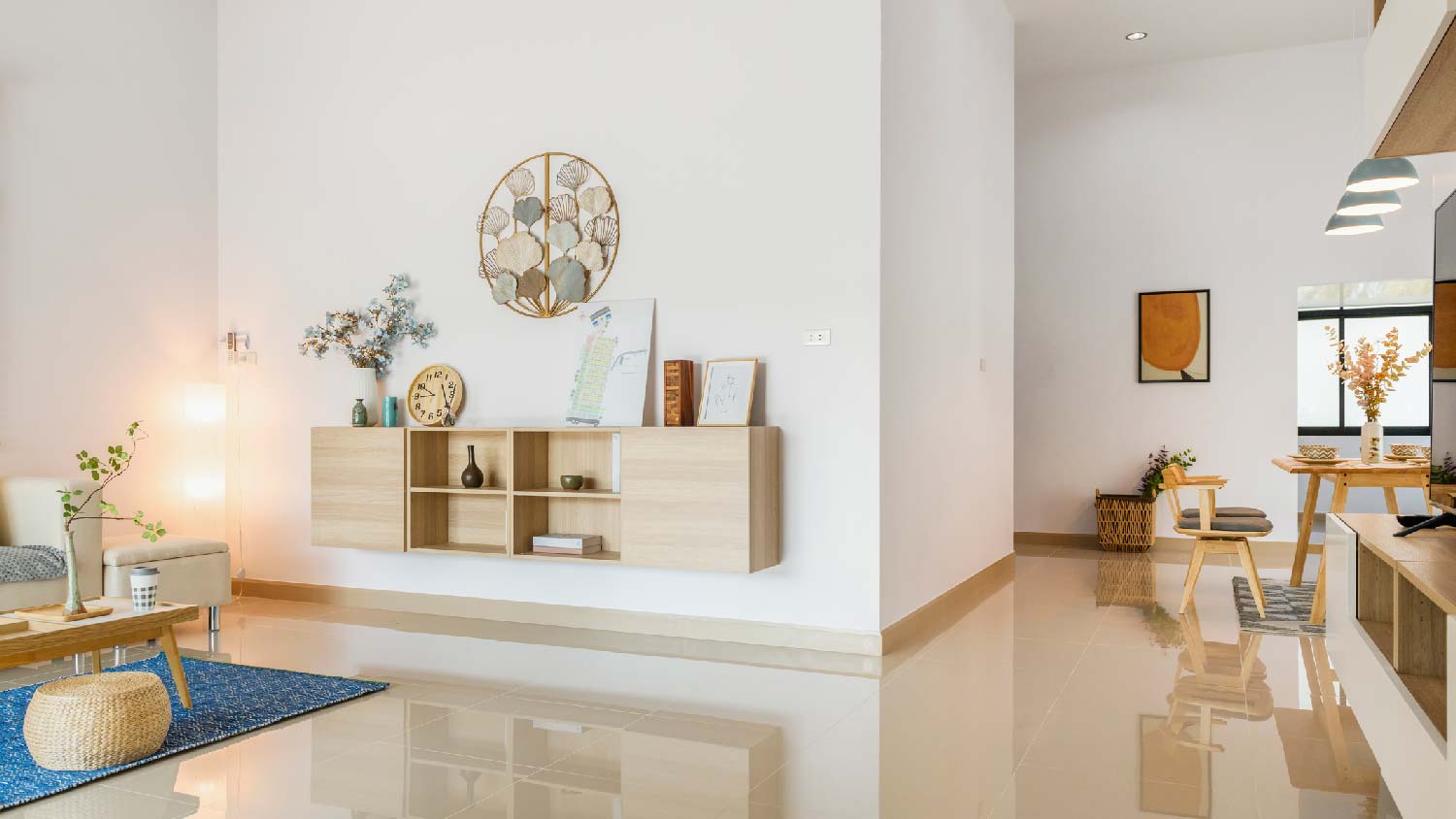 An open space living room