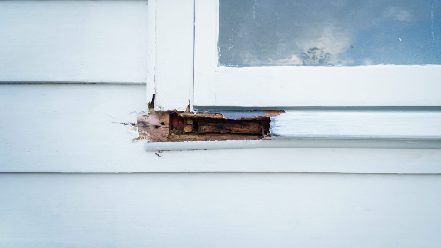 side of home with rotten window frame