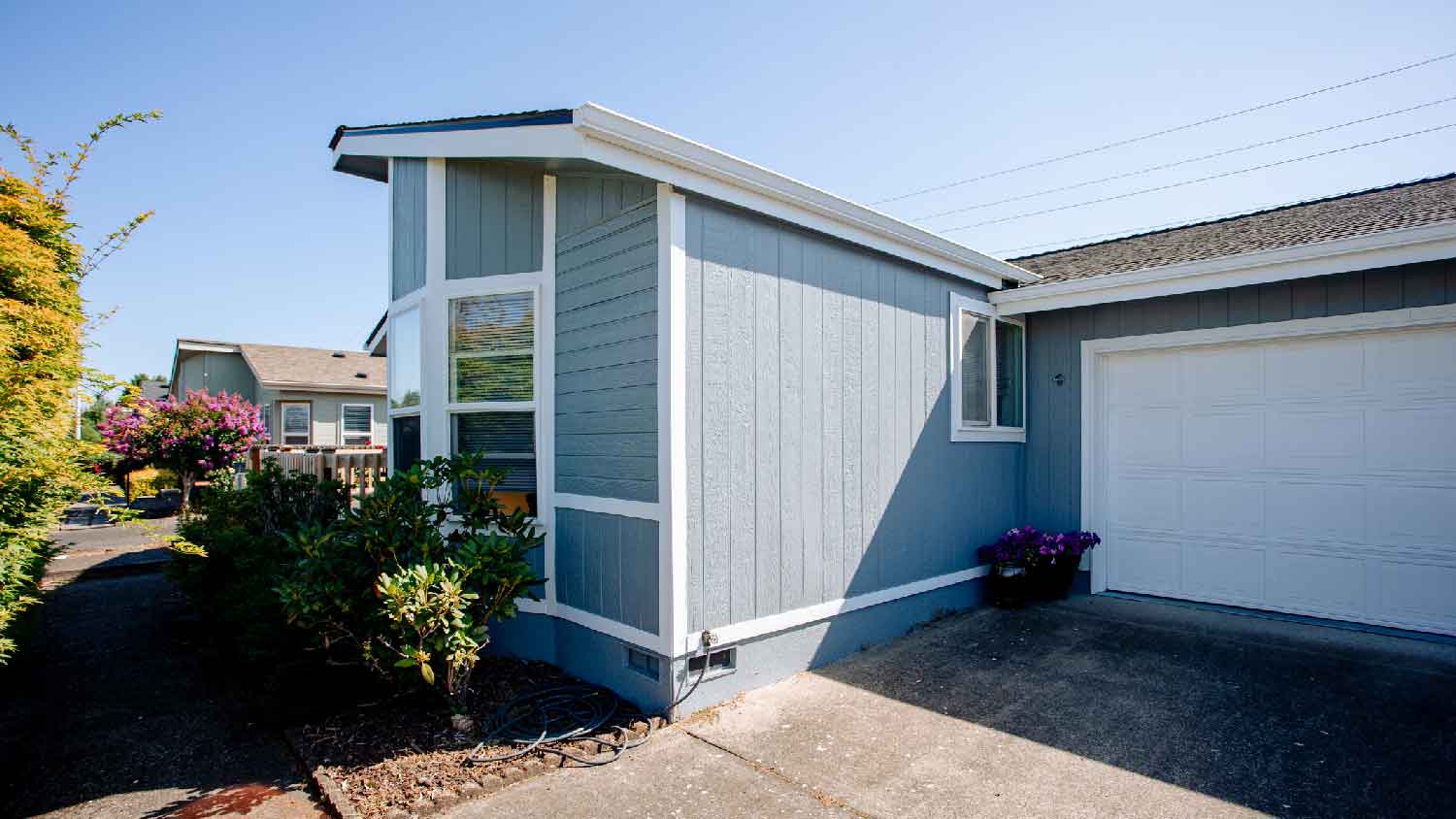 The exterior of a house with composite wood siding