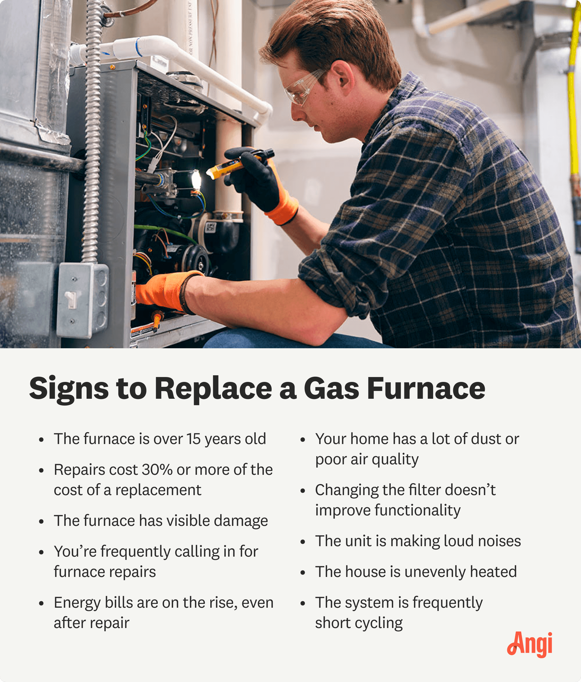 10 signs to replace a gas furnace, including if it’s over 15 years old and the unit is making loud noises