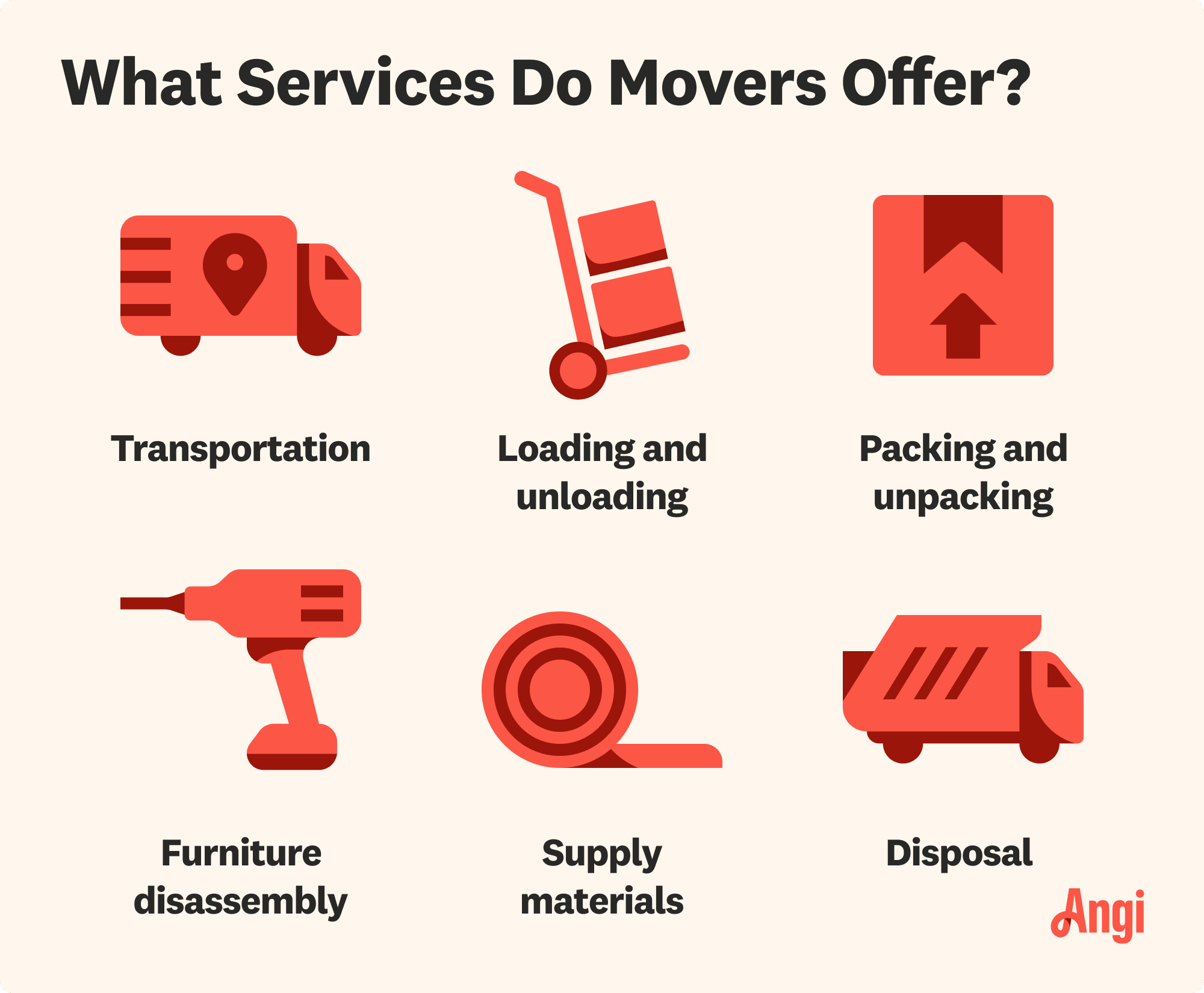 6 services movers offer, including loading and unloading, furniture disassembly, and disposal
