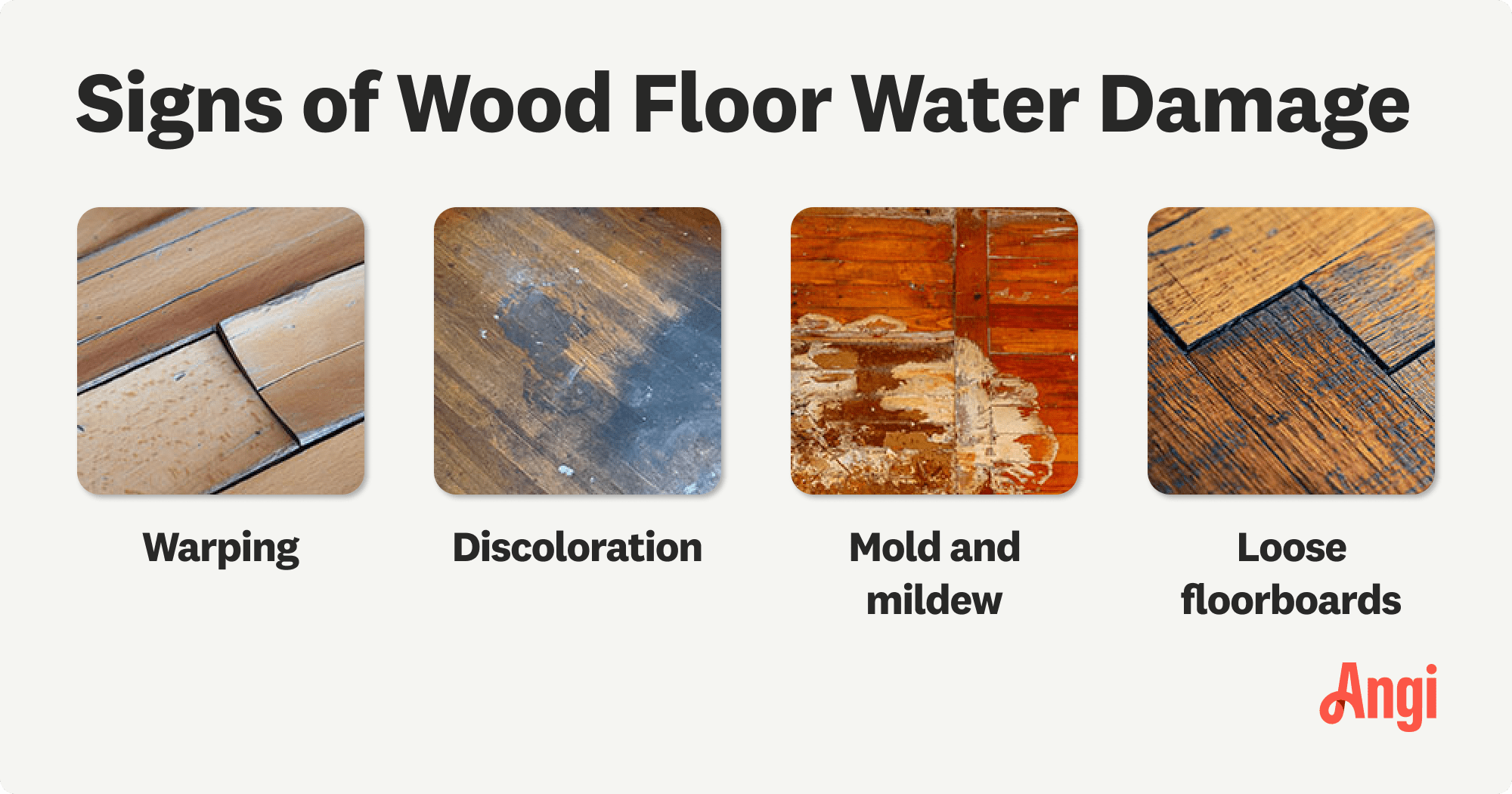 4 signs of wood floor water damage compared visually, including warping, discoloration, and loose floorboards