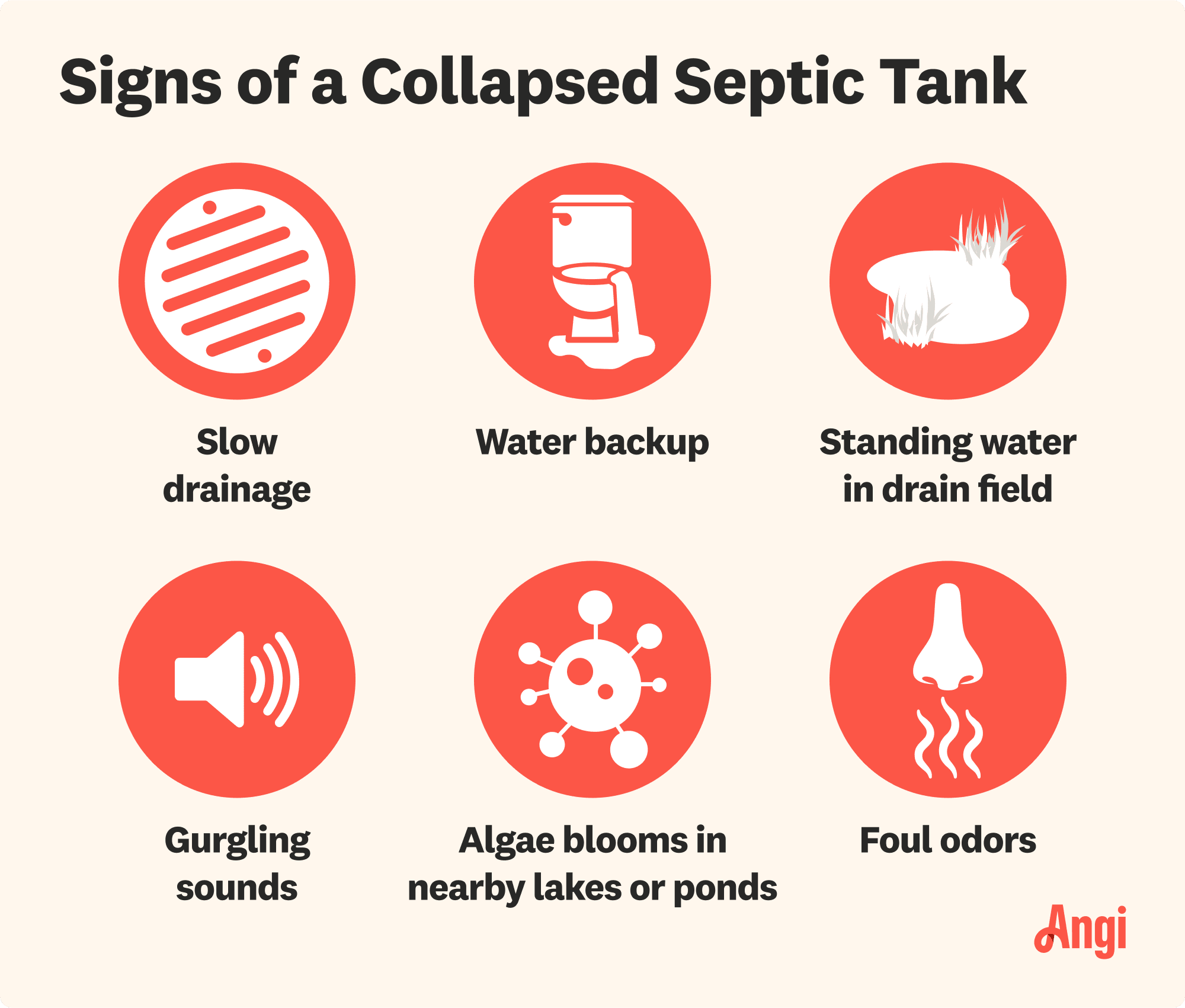 6 signs of a collapsed septic tank, including water backup, slow drainage, and foul odors
