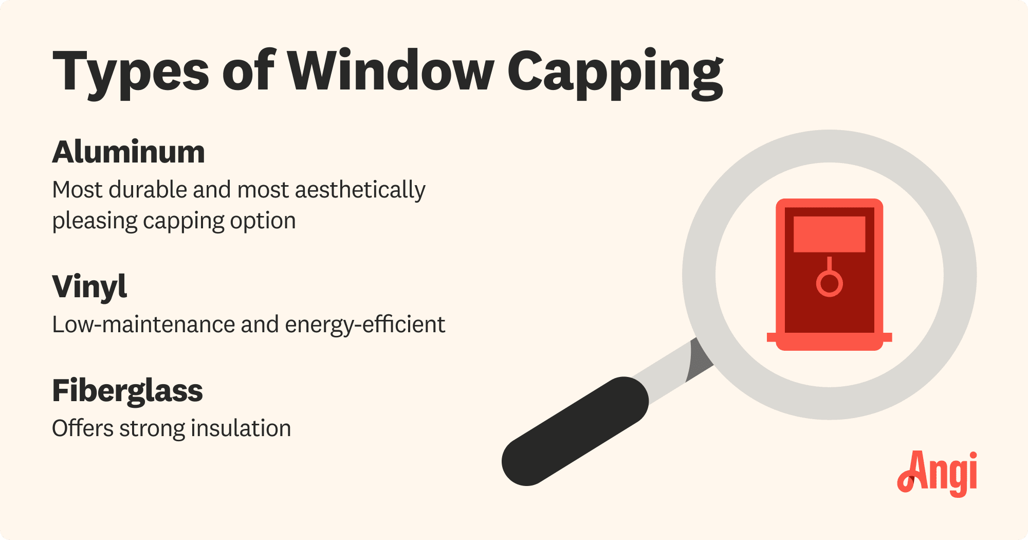 3 window capping types compared, with vinyl being low-maintenance and energy-efficient