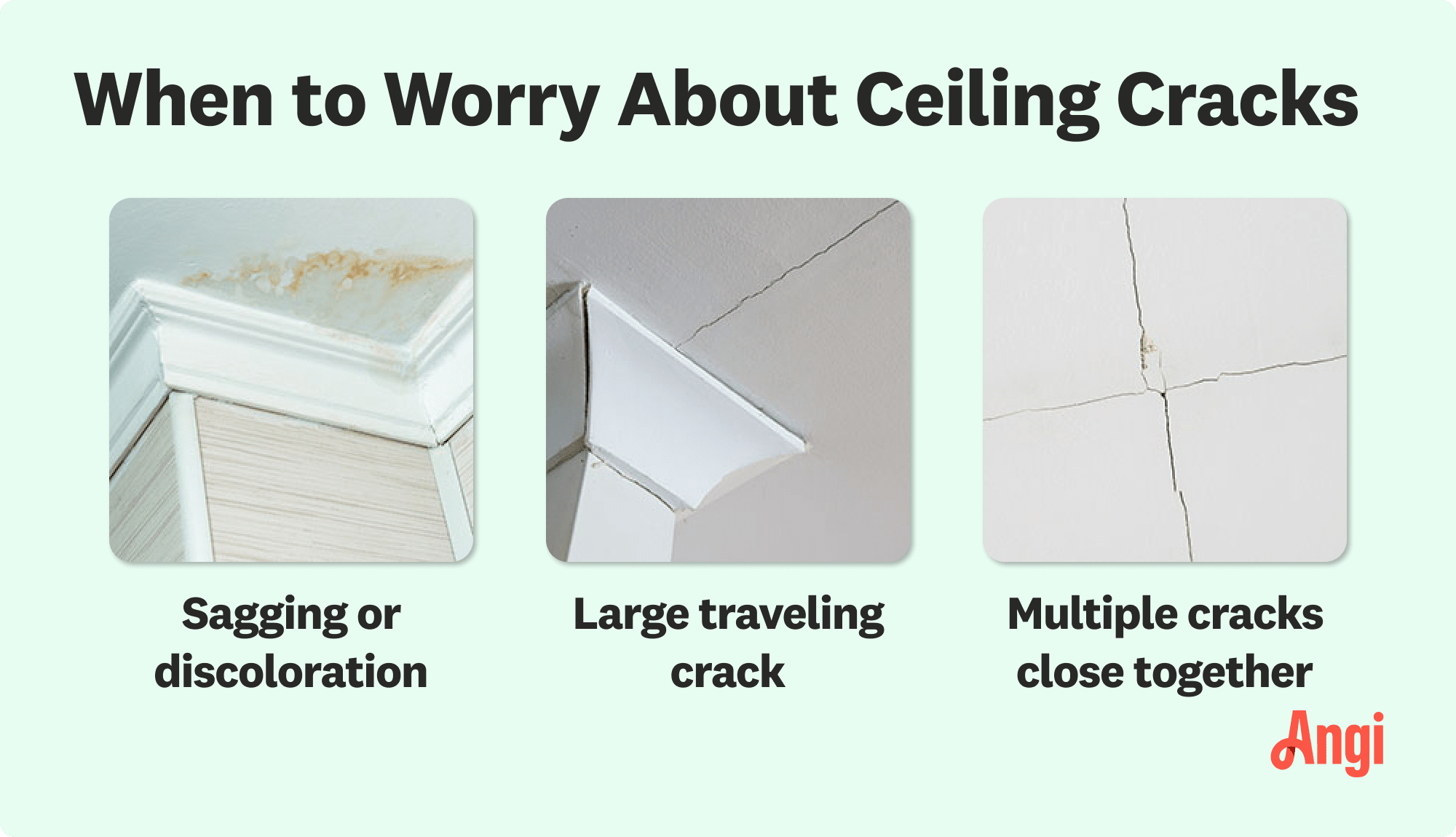When to worry about ceiling cracks compared visually, including sagging or discoloration
