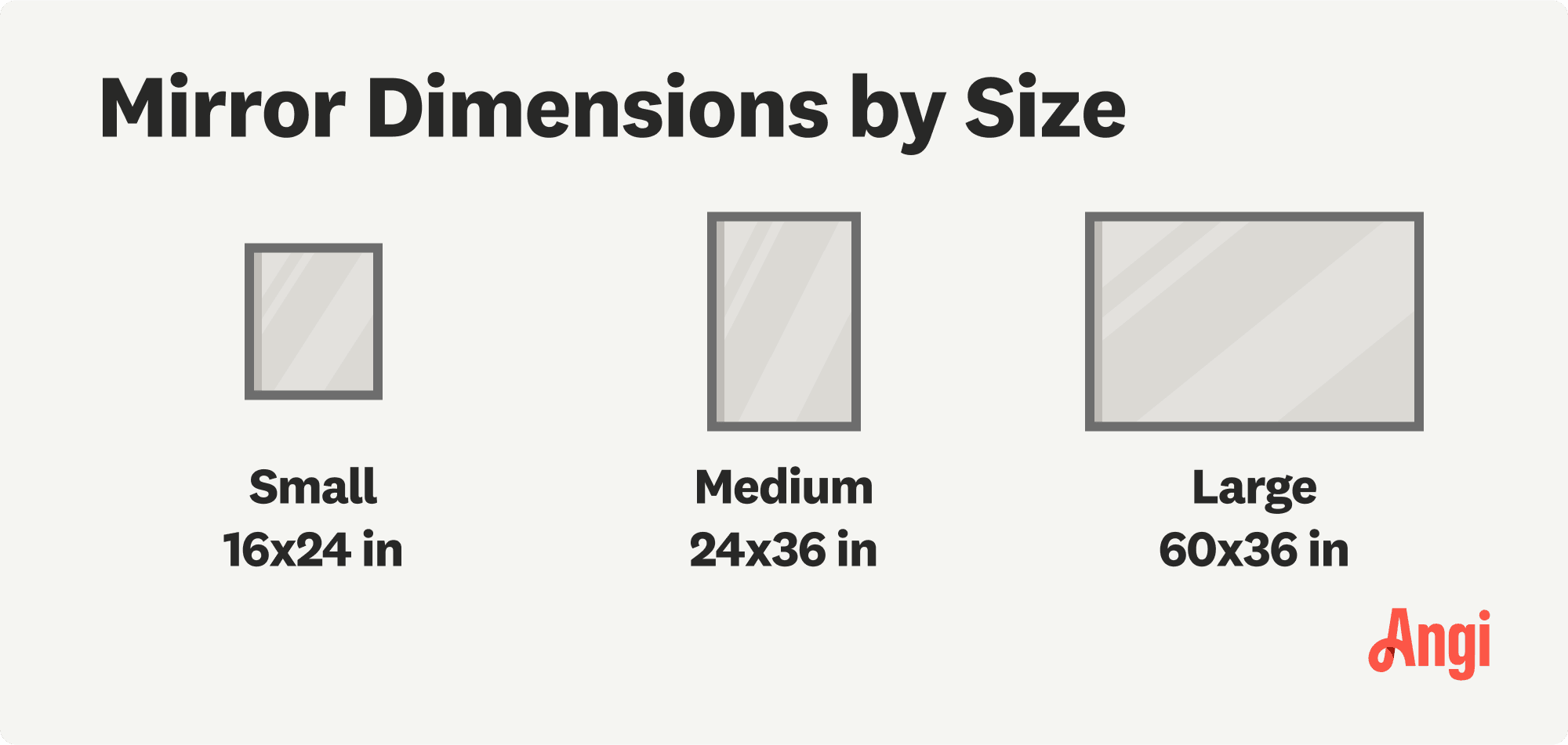 Mirror dimensions by size illustrated, with large mirrors measuring 60 by 36 inches
