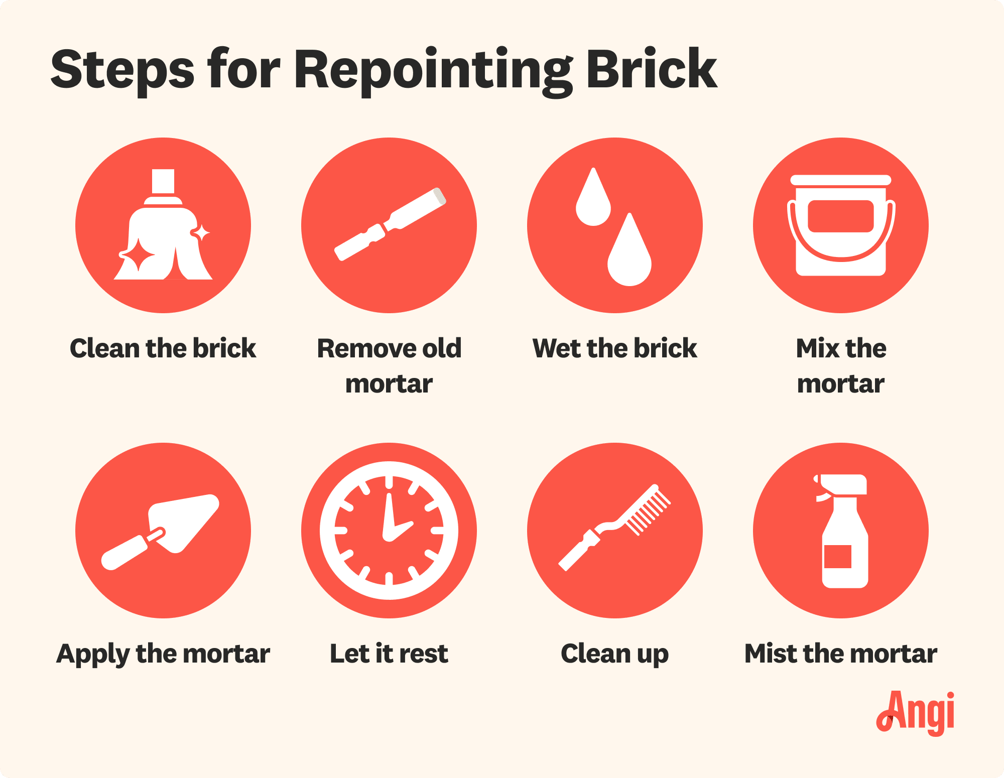 8 steps for repointing brick, including cleaning the brick, mixing the mortar, and letting it rest