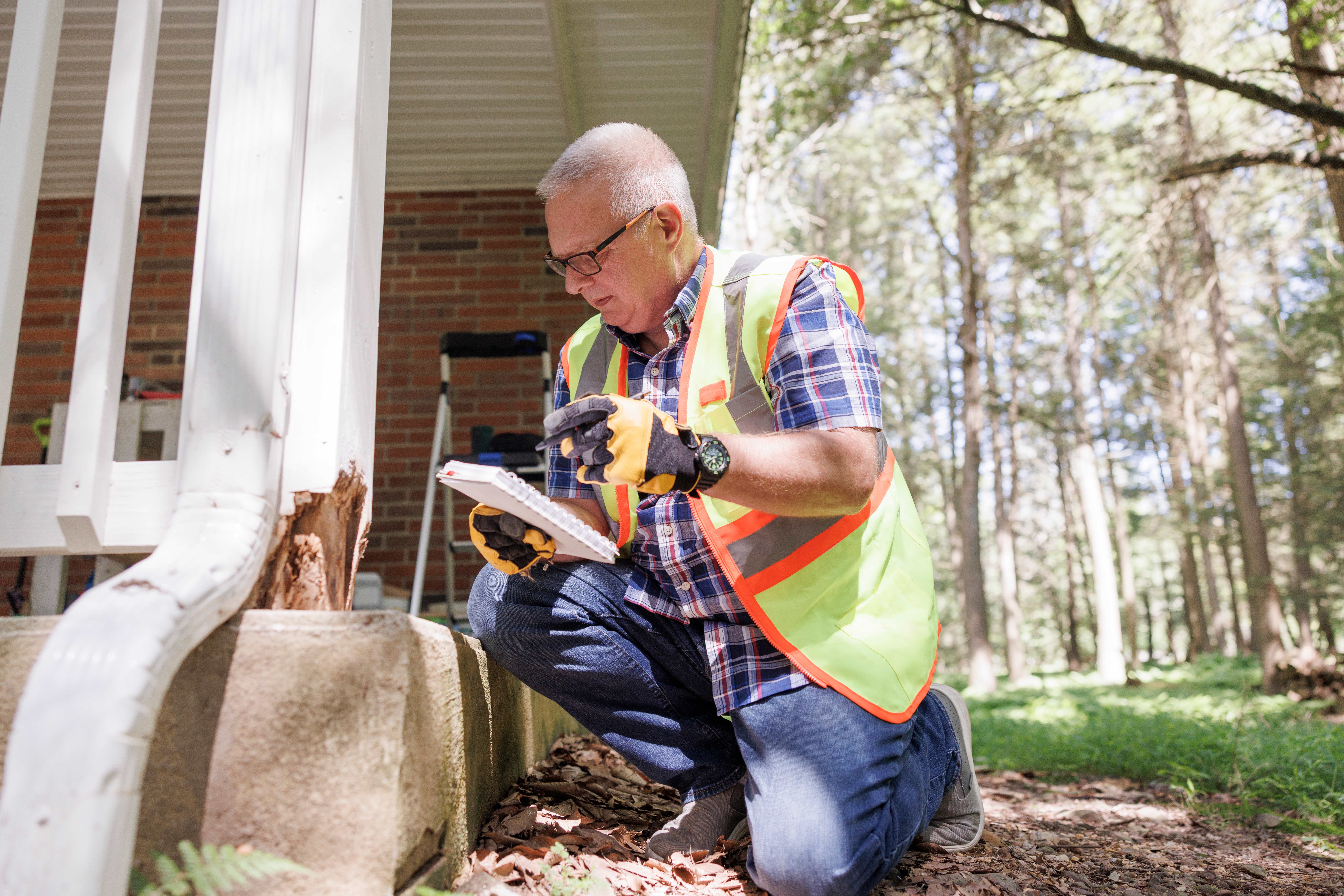 Contractor inspecting wooden deck railing