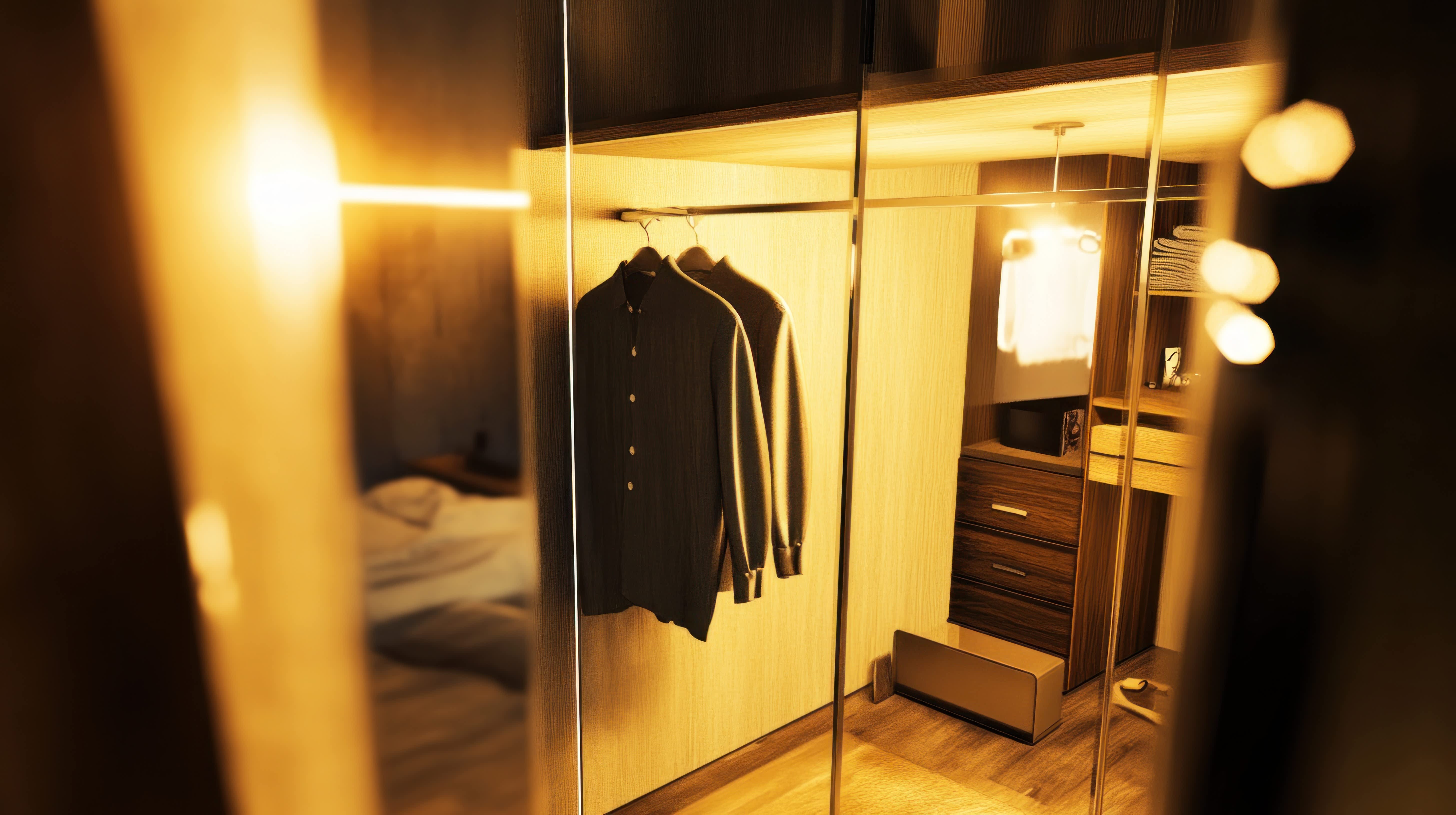 Walk-in closet with mirrored doors