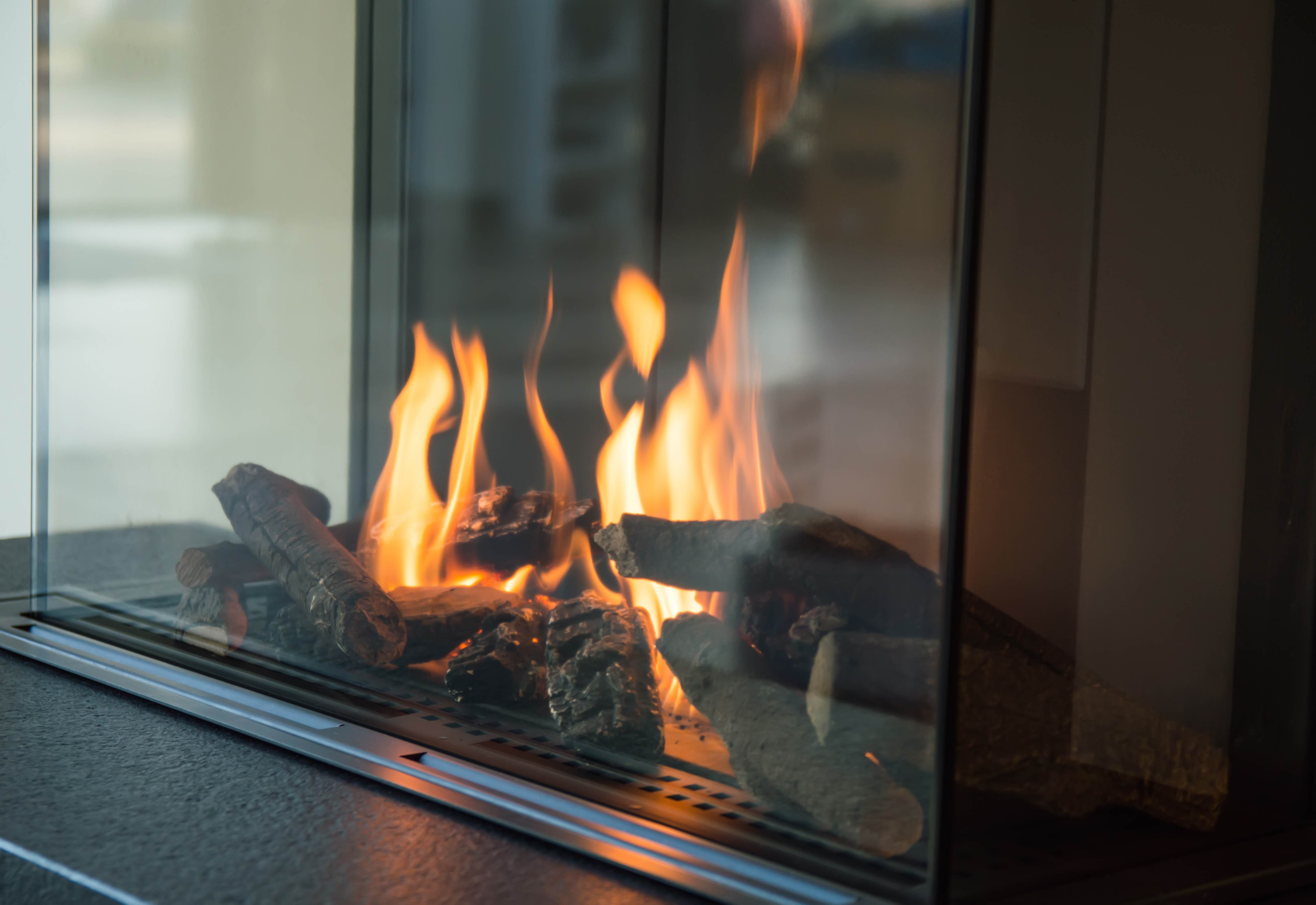 Close up of glass fireplace