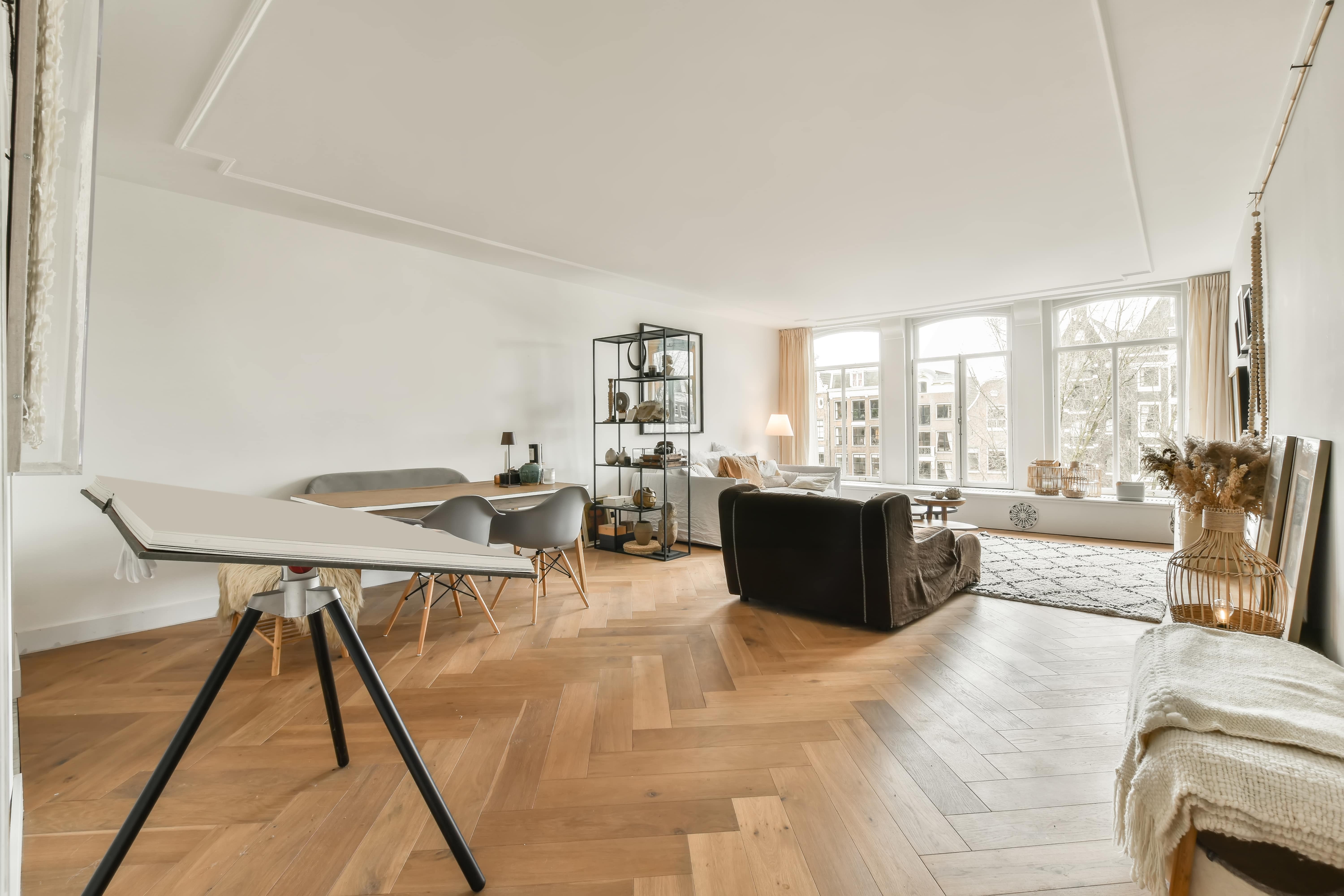 Engineered hardwood flooring installed in a bright and spacious apartment